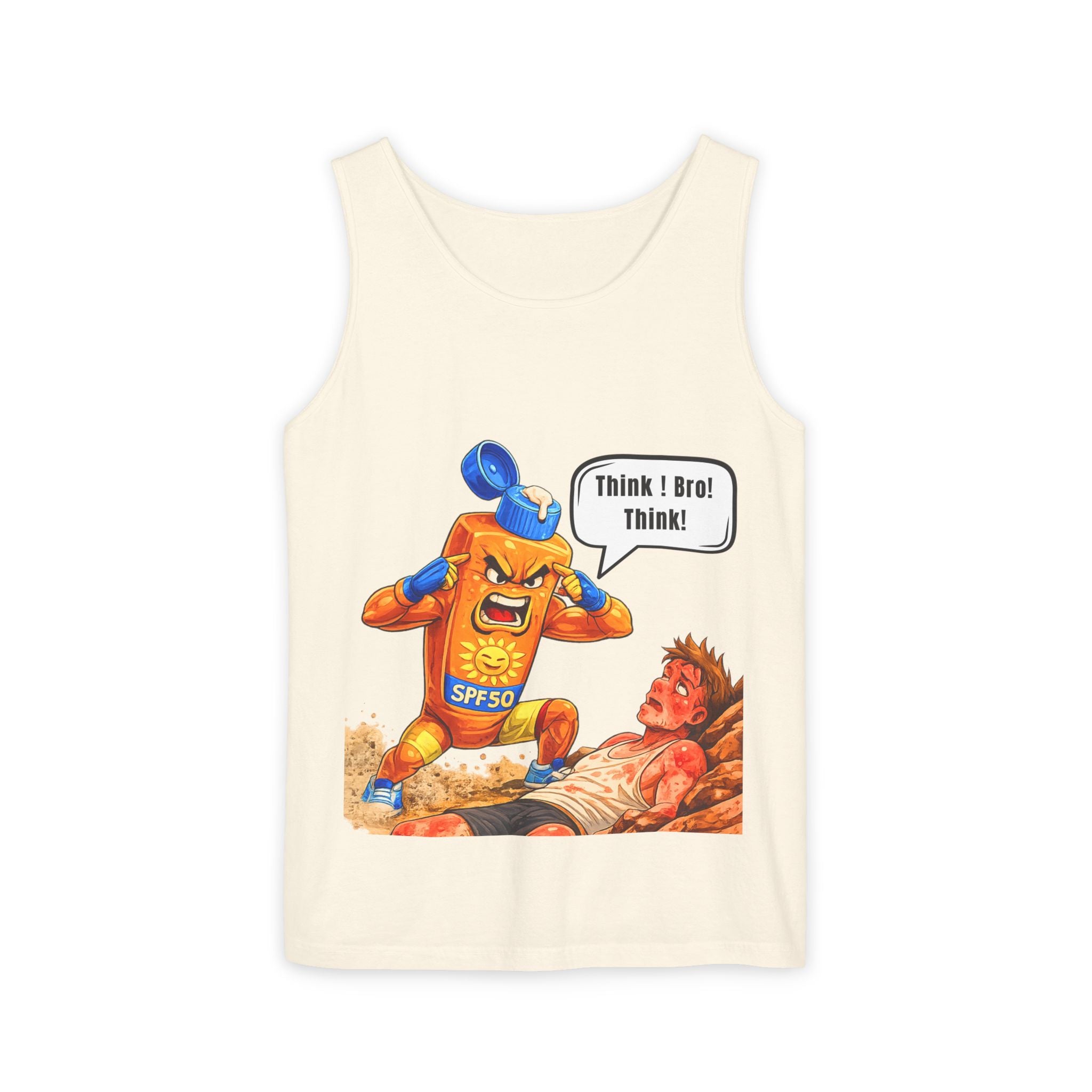 Sunscreen Mascot Tank Top — "Think! Bro! Think!" Vintage Safety Graphic