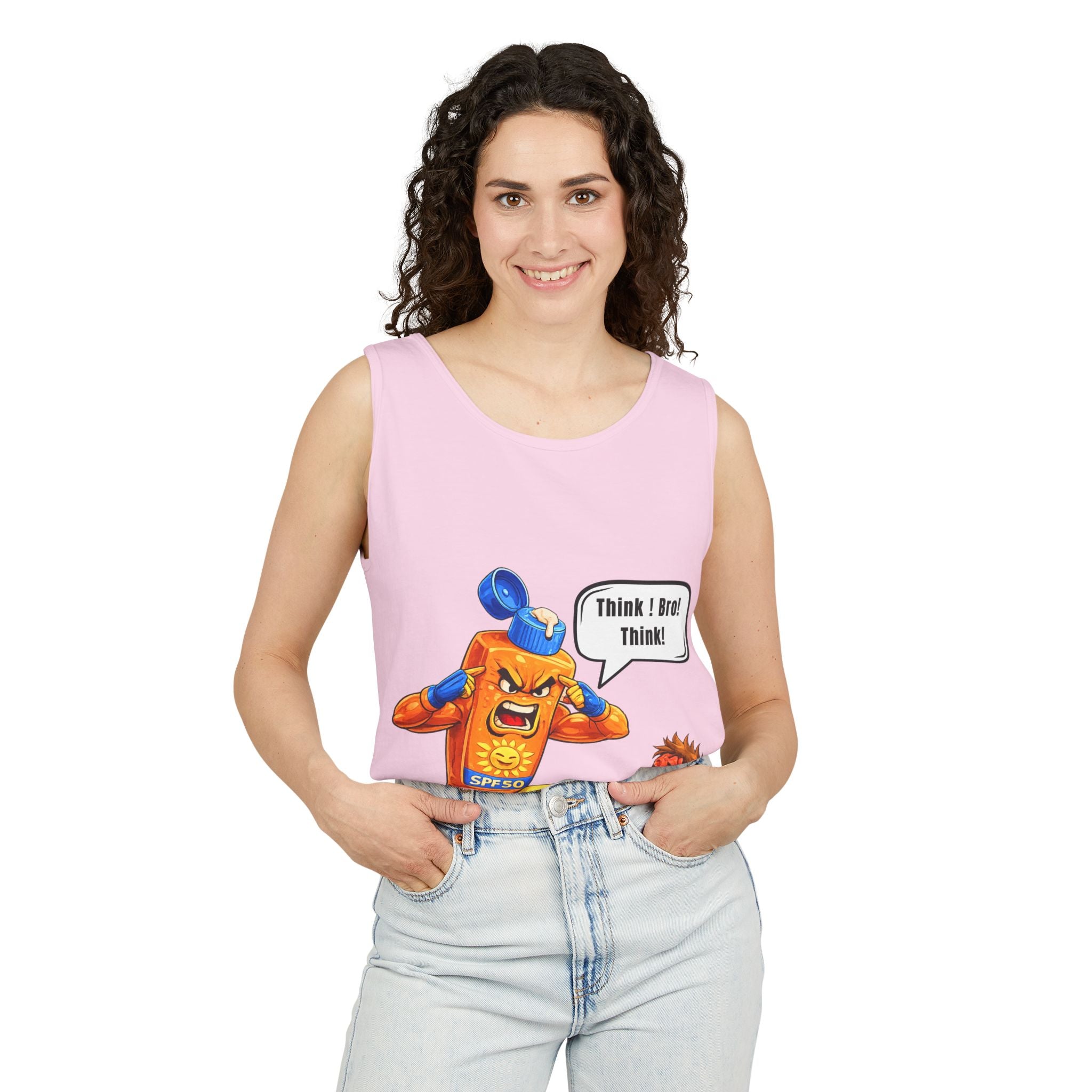 Sunscreen Mascot Tank Top — "Think! Bro! Think!" Vintage Safety Graphic