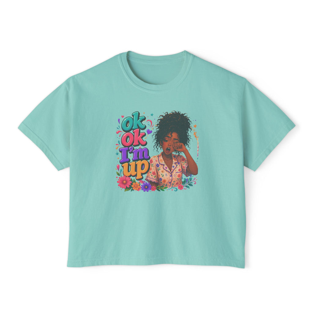 Women's 'Ok Ok I'm Up' Boxy Tee - Retro Floral Graphic Cropped T-Shirt