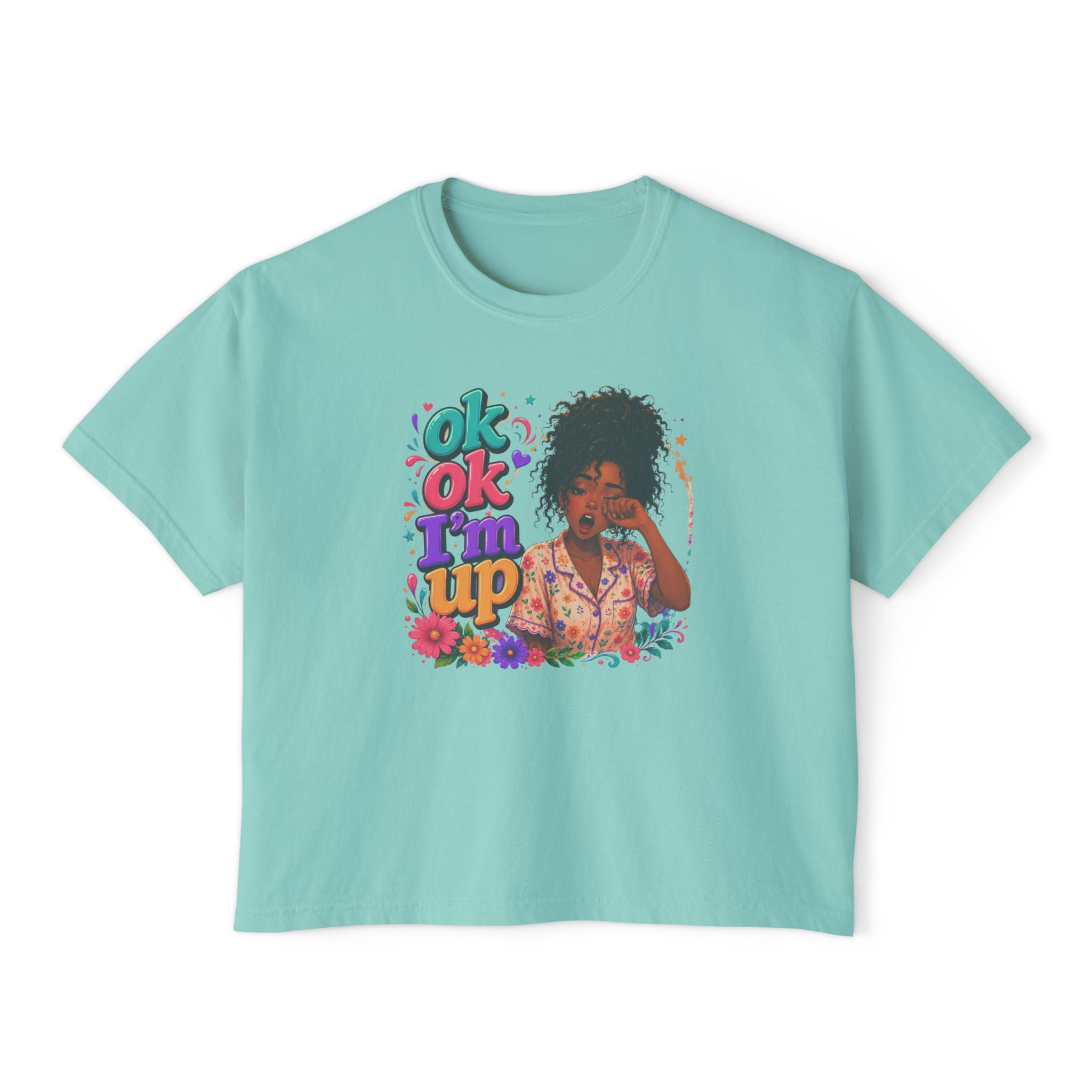 Women's 'Ok Ok I'm Up' Boxy Tee - Retro Floral Graphic Cropped T-Shirt