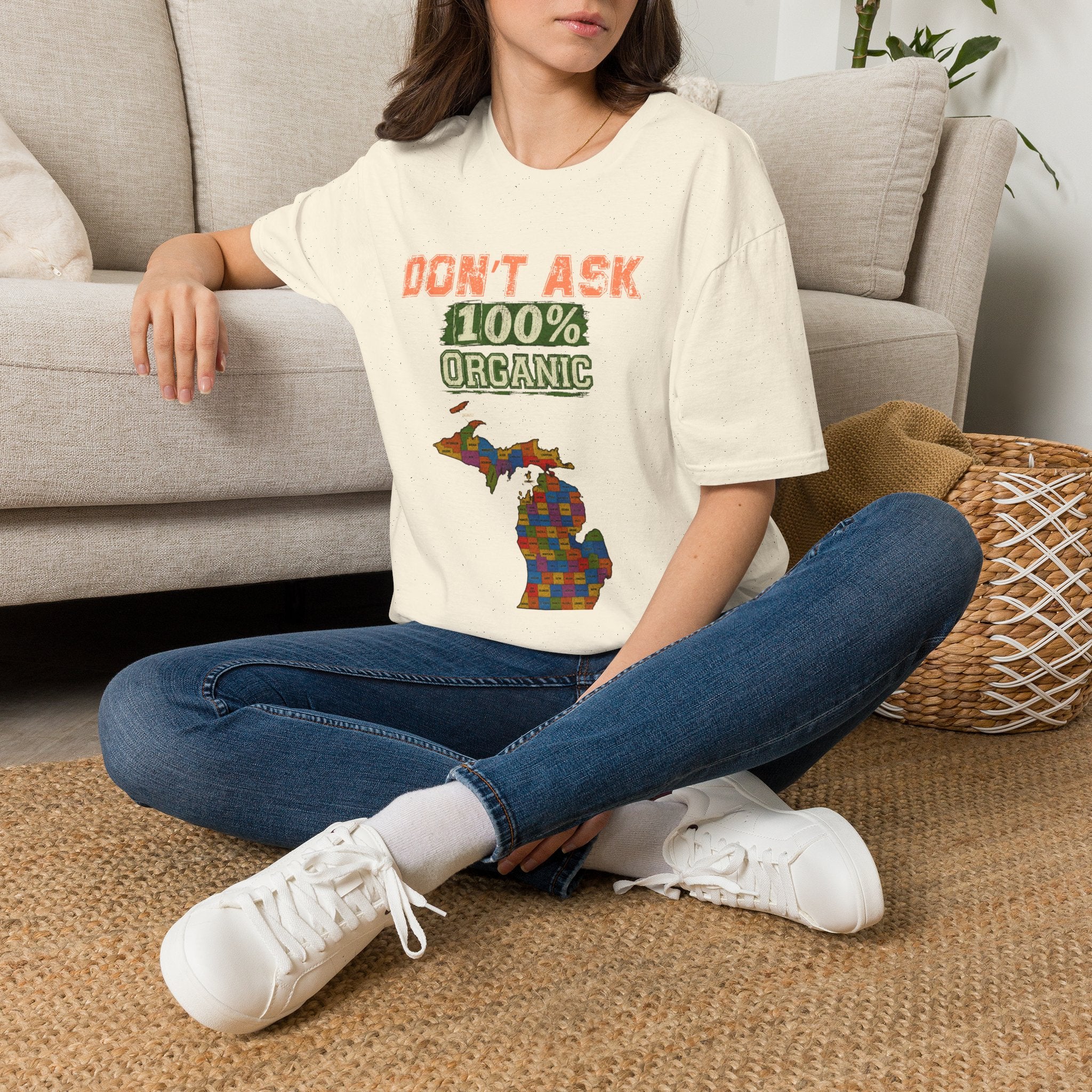 T-Shirt — "Don't Ask 100% Organic" Michigan Puzzle-Map Tee