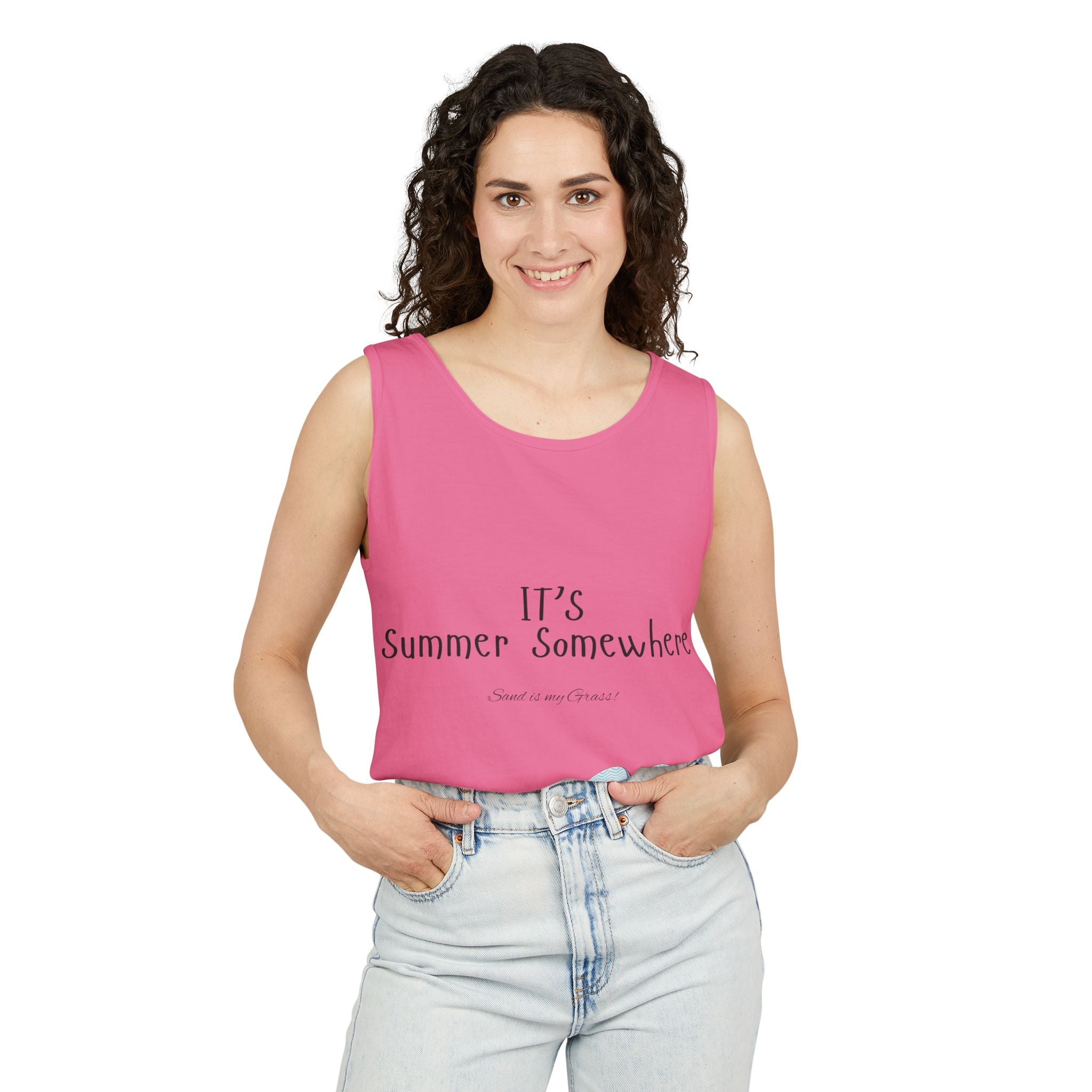 Beach Vibes Tank Top — "It’s Summer Somewhere" Flip-Flop & Sand Graphic