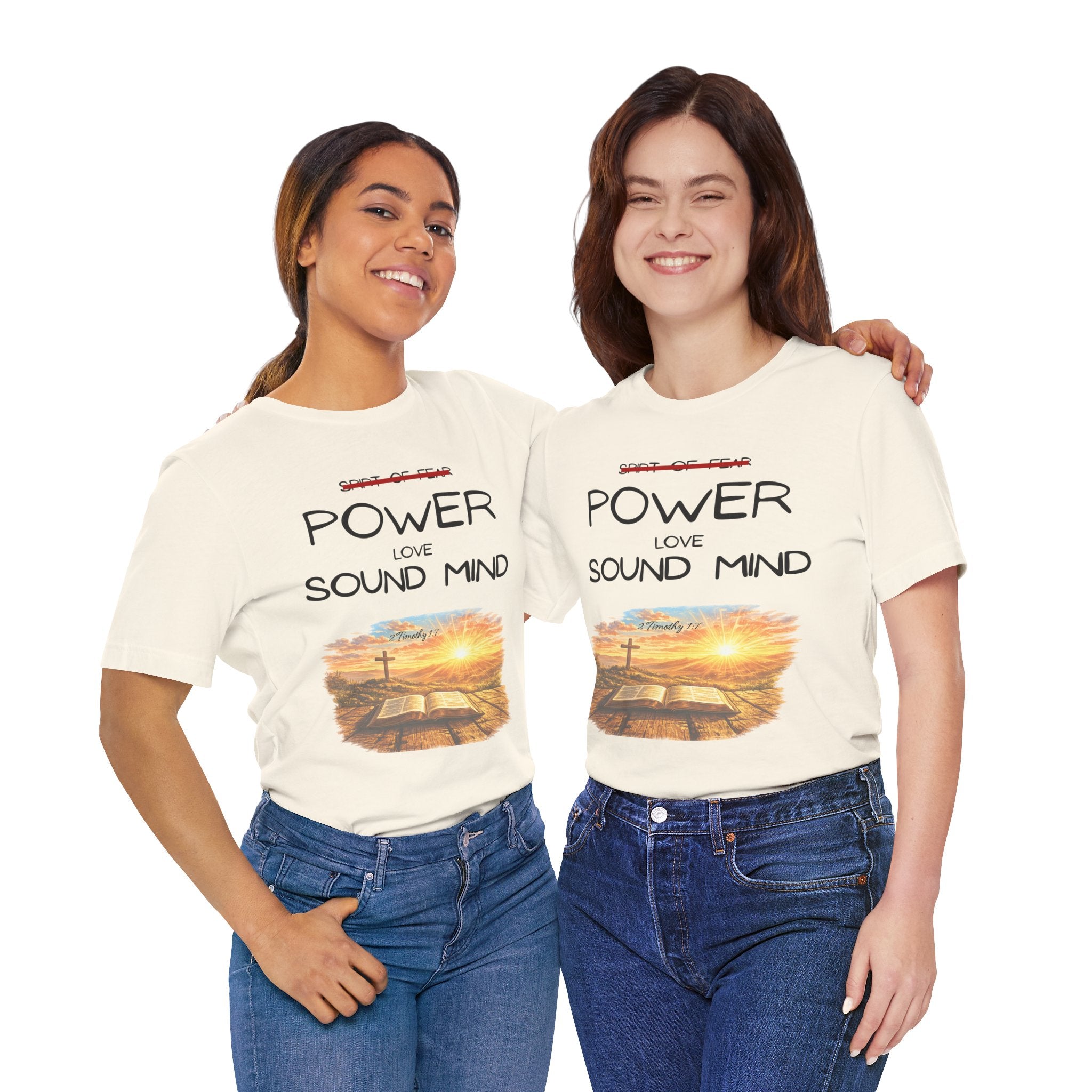 Power, Love, Sound Mind Christian T-Shirt — Bible Cross Sunrise Faith Tee
