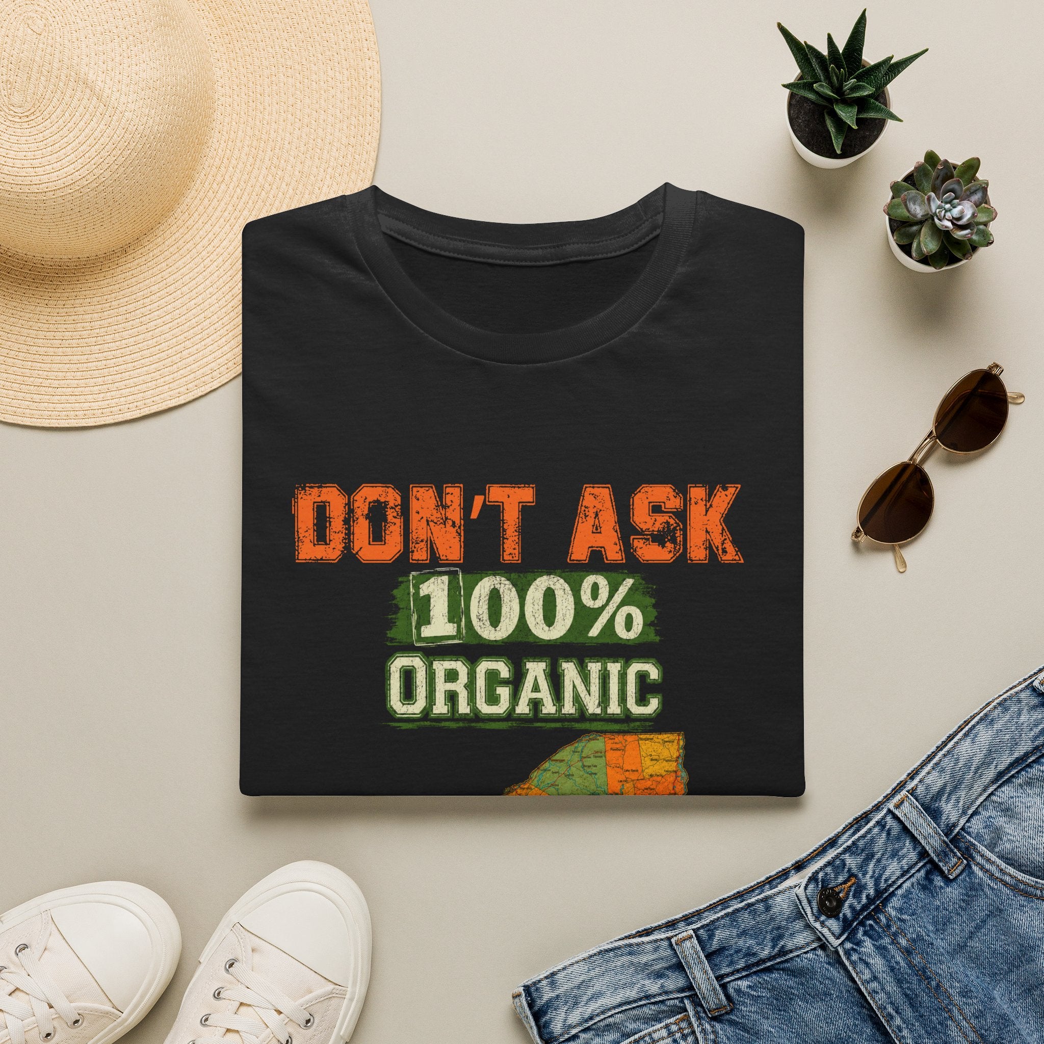 T-Shirt — "Don't Ask 100% Organic" New York Graphic Tee (Vintage Farm / Earthy)