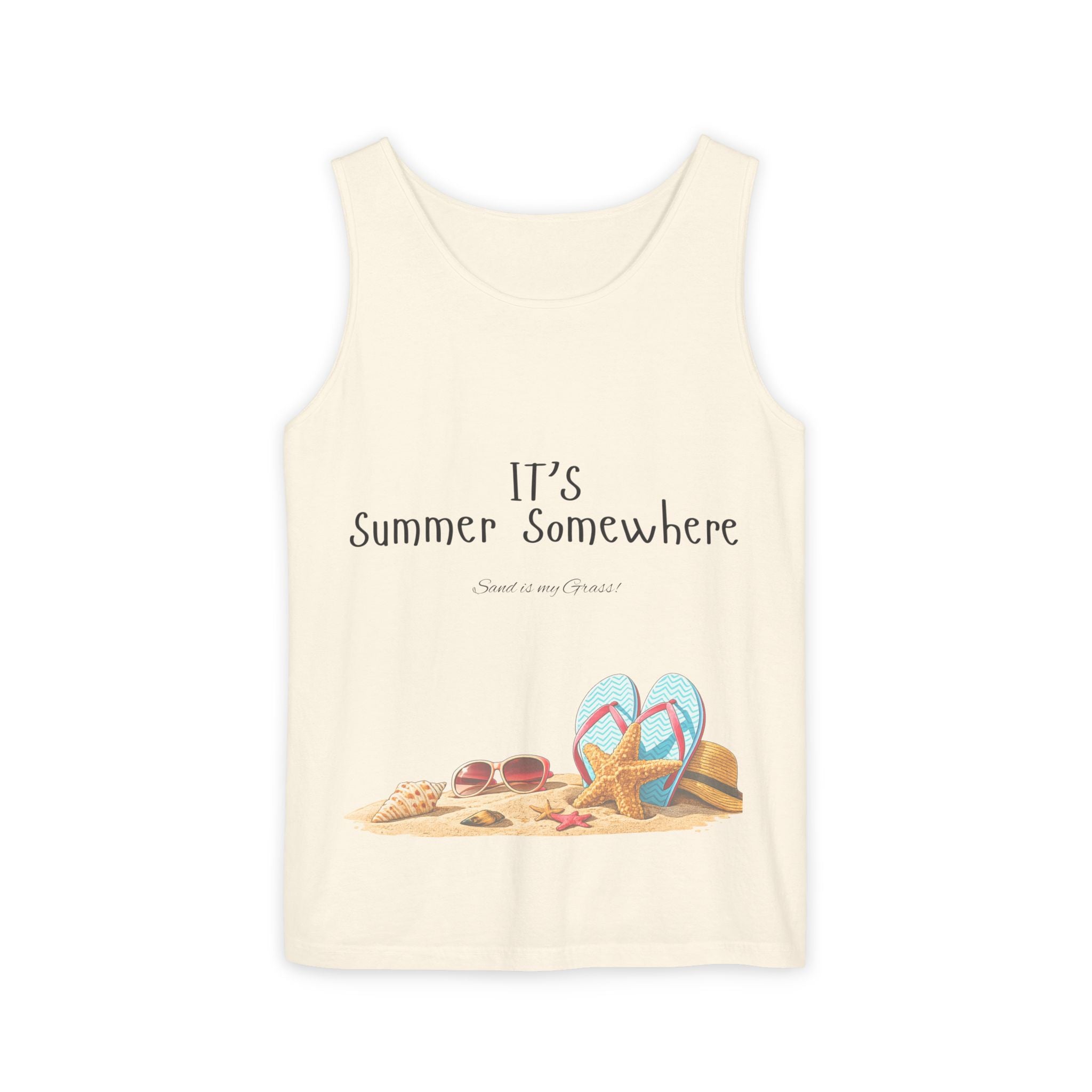 Beach Vibes Tank Top — "It’s Summer Somewhere" Flip-Flop & Sand Graphic