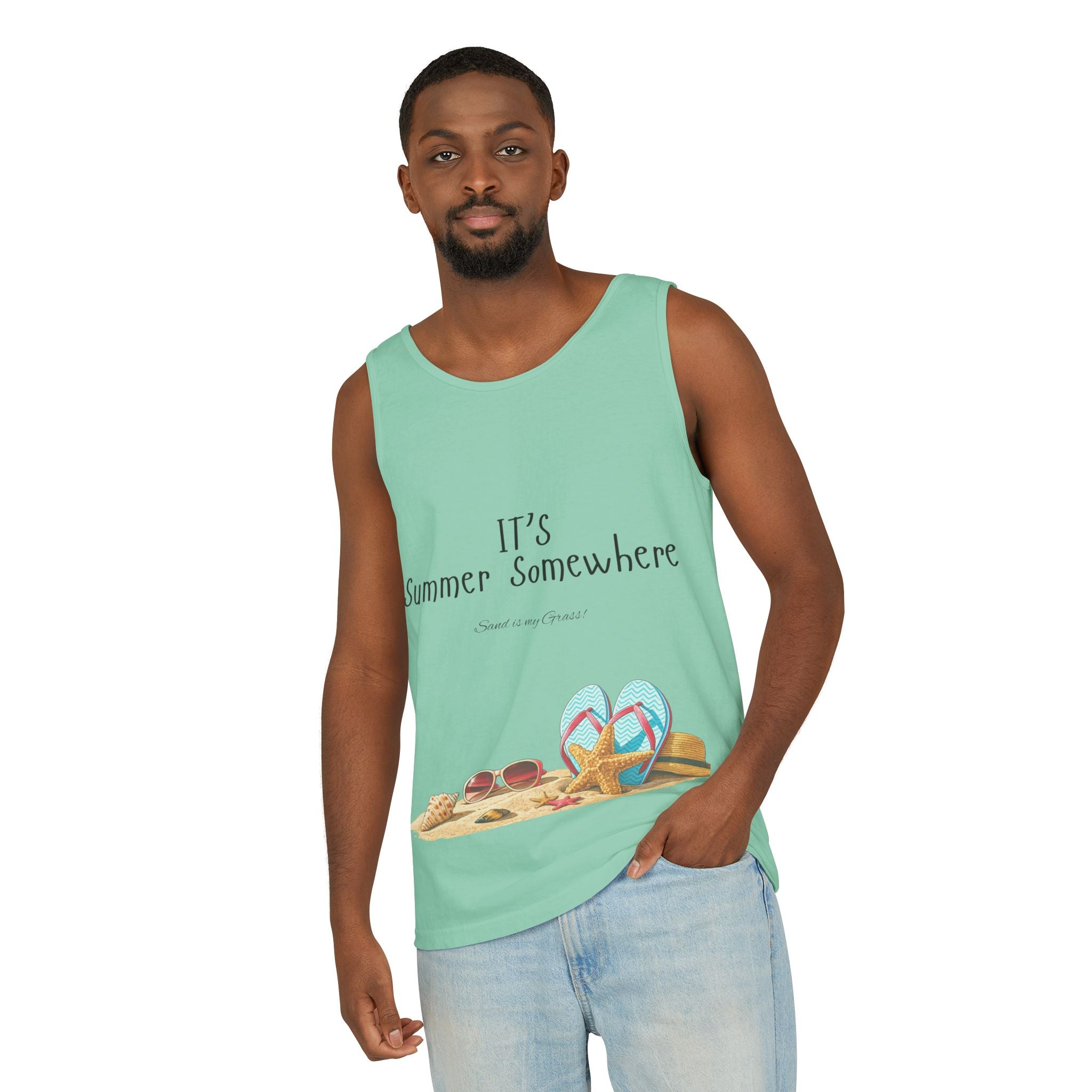 Beach Vibes Tank Top — "It’s Summer Somewhere" Flip-Flop & Sand Graphic
