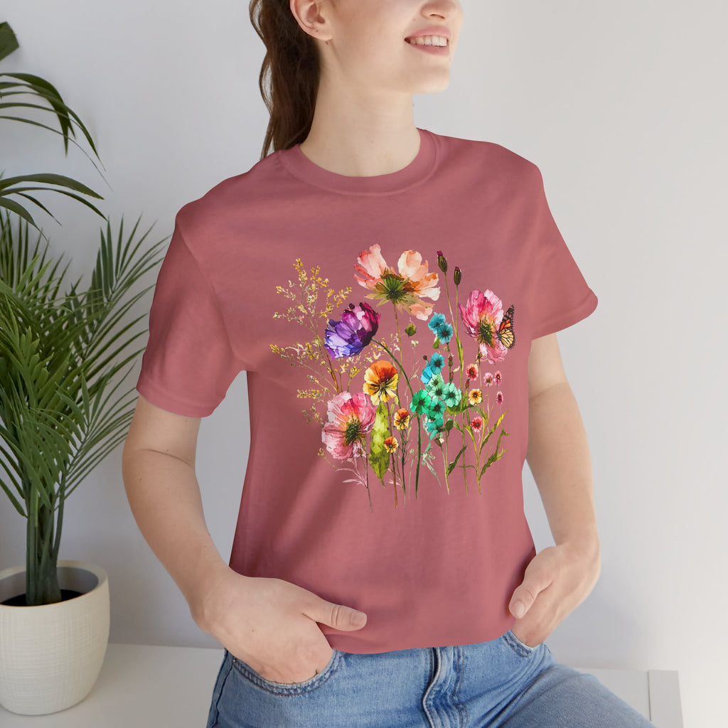 Floral Watercolor  Pink Wildflower Bouquet Graphic T-Shirt