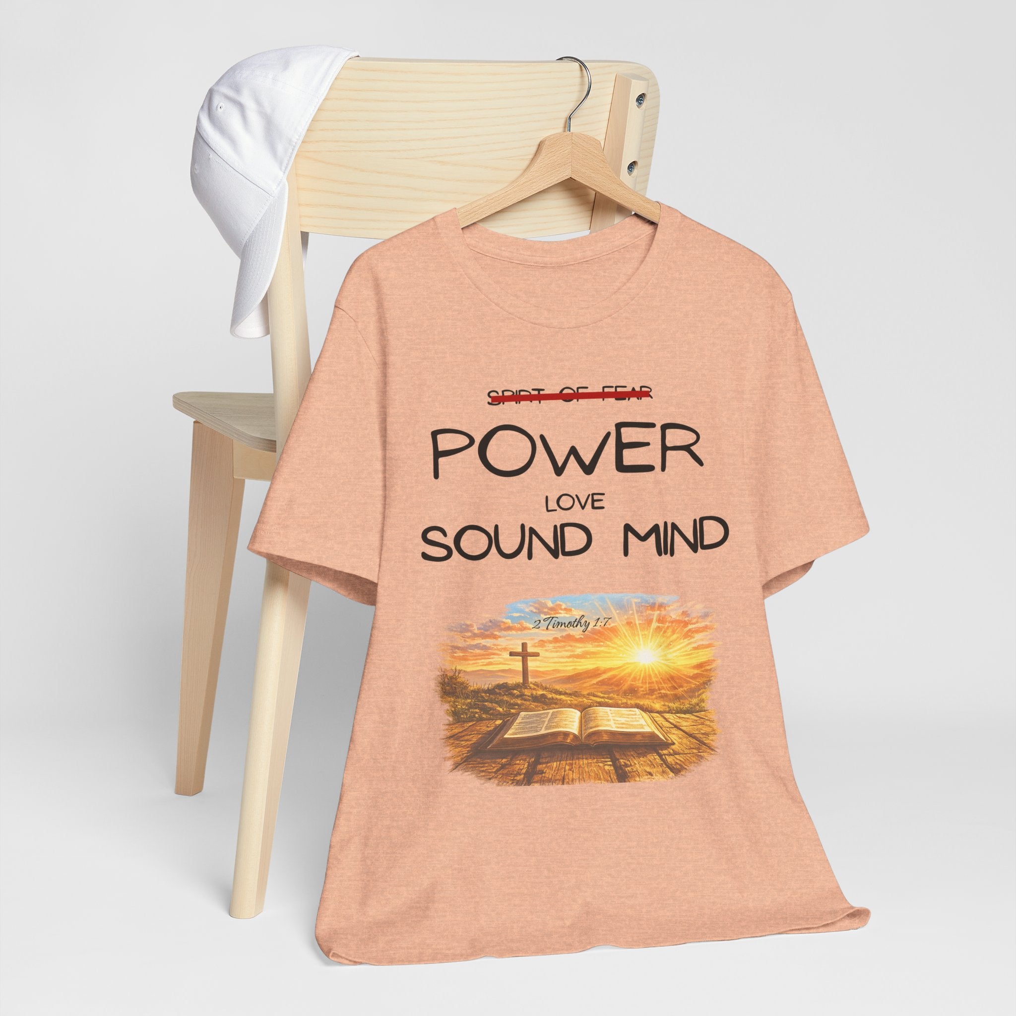 Power, Love, Sound Mind Christian T-Shirt — Bible Cross Sunrise Faith Tee