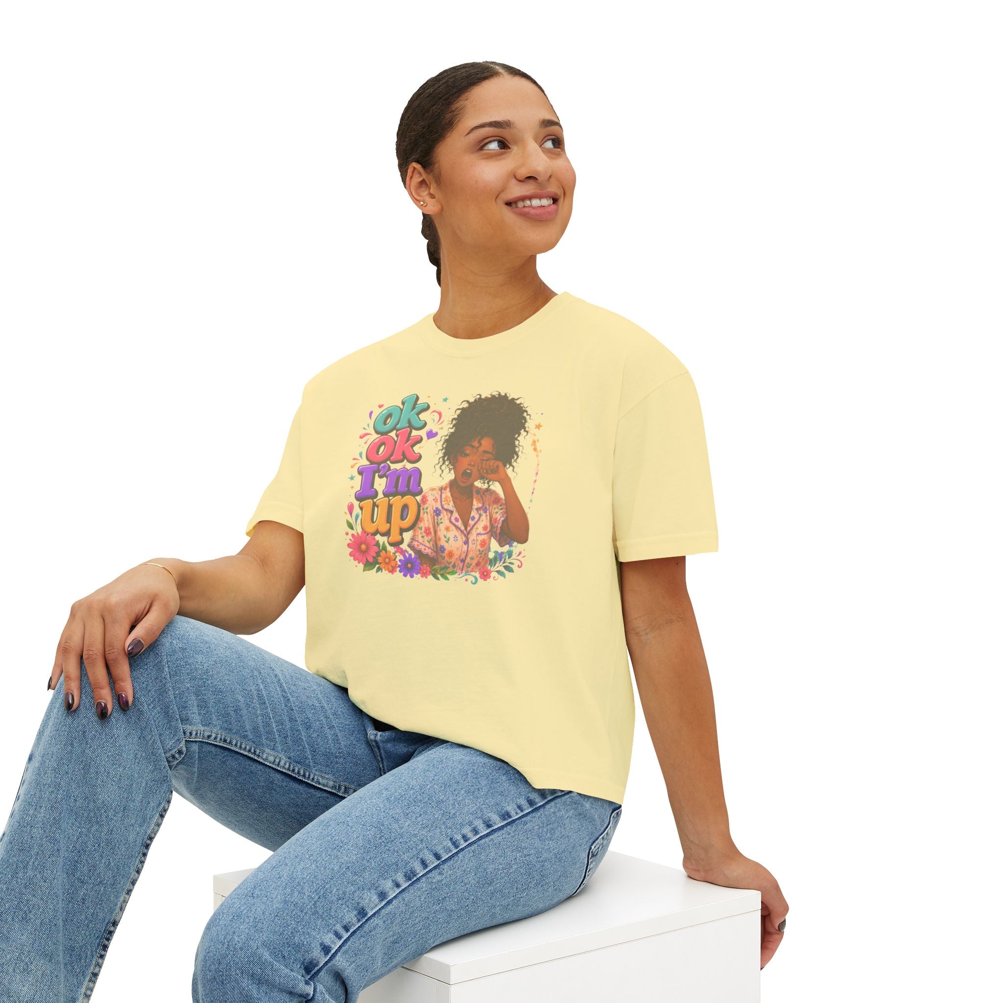 Women's 'Ok Ok I'm Up' Boxy Tee - Retro Floral Graphic Cropped T-Shirt