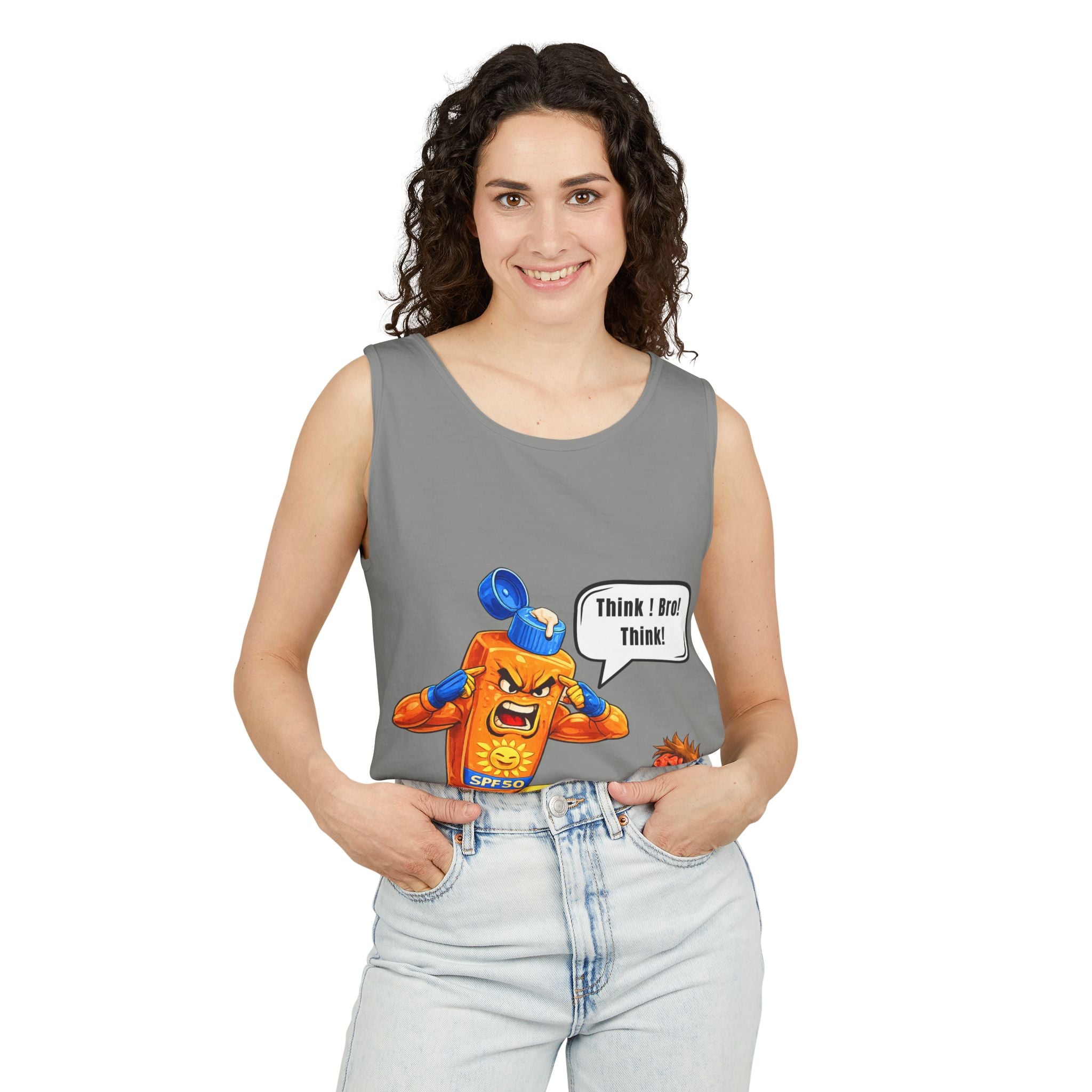 Sunscreen Mascot Tank Top — "Think! Bro! Think!" Vintage Safety Graphic