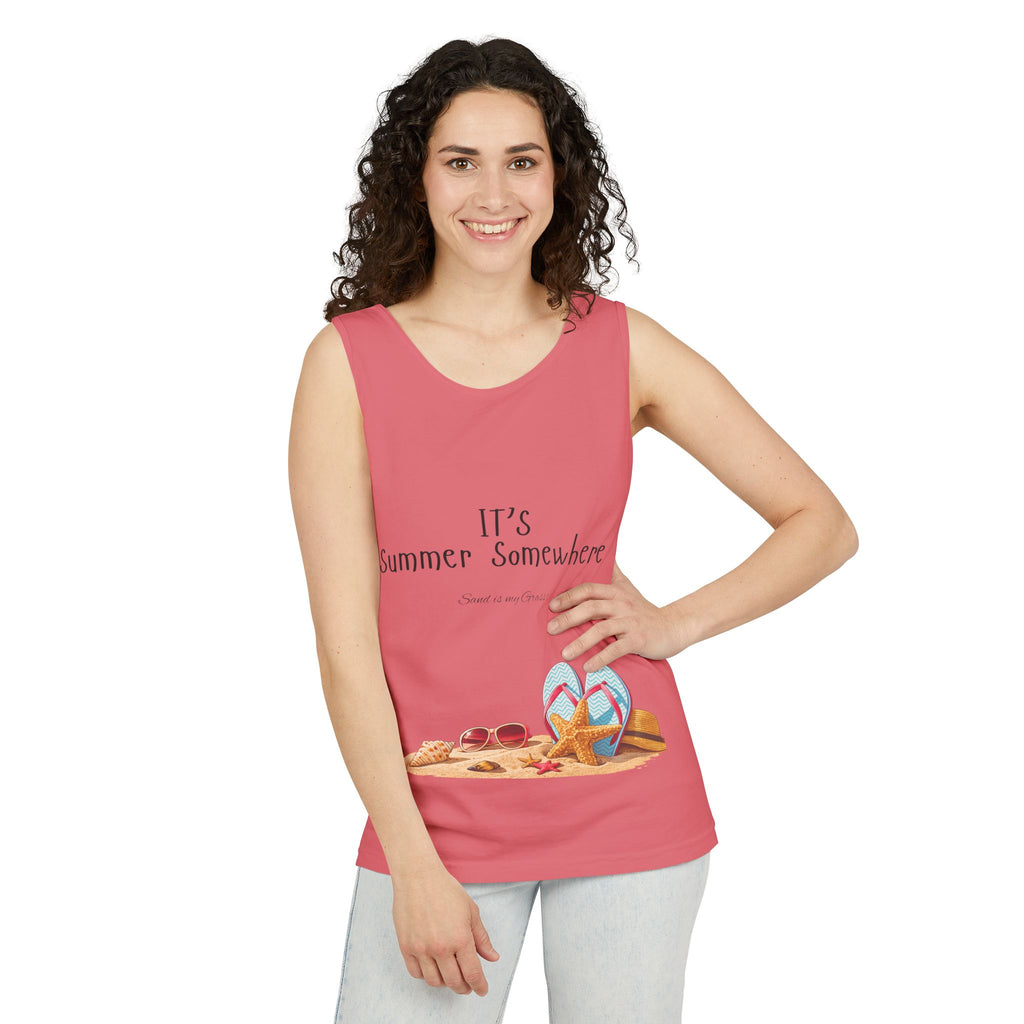 Beach Vibes Tank Top — "It’s Summer Somewhere" Flip-Flop & Sand Graphic