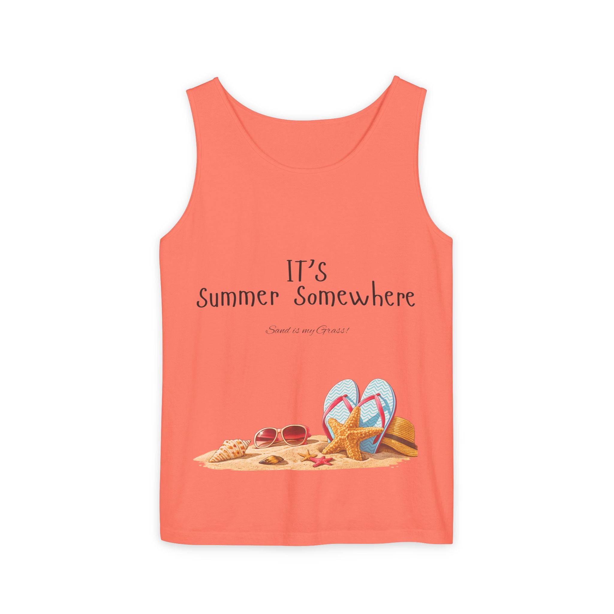 Beach Vibes Tank Top — "It’s Summer Somewhere" Flip-Flop & Sand Graphic