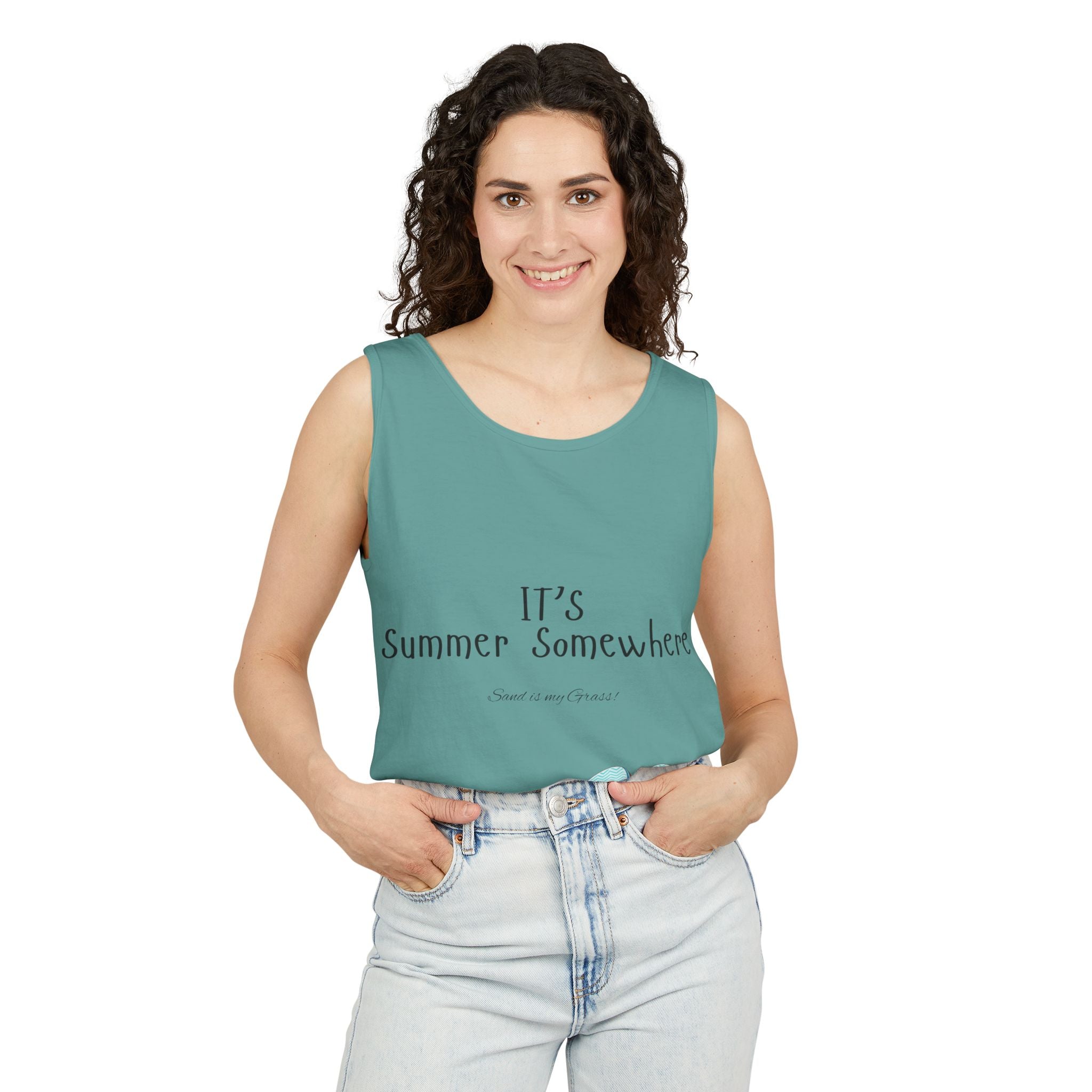 Beach Vibes Tank Top — "It’s Summer Somewhere" Flip-Flop & Sand Graphic