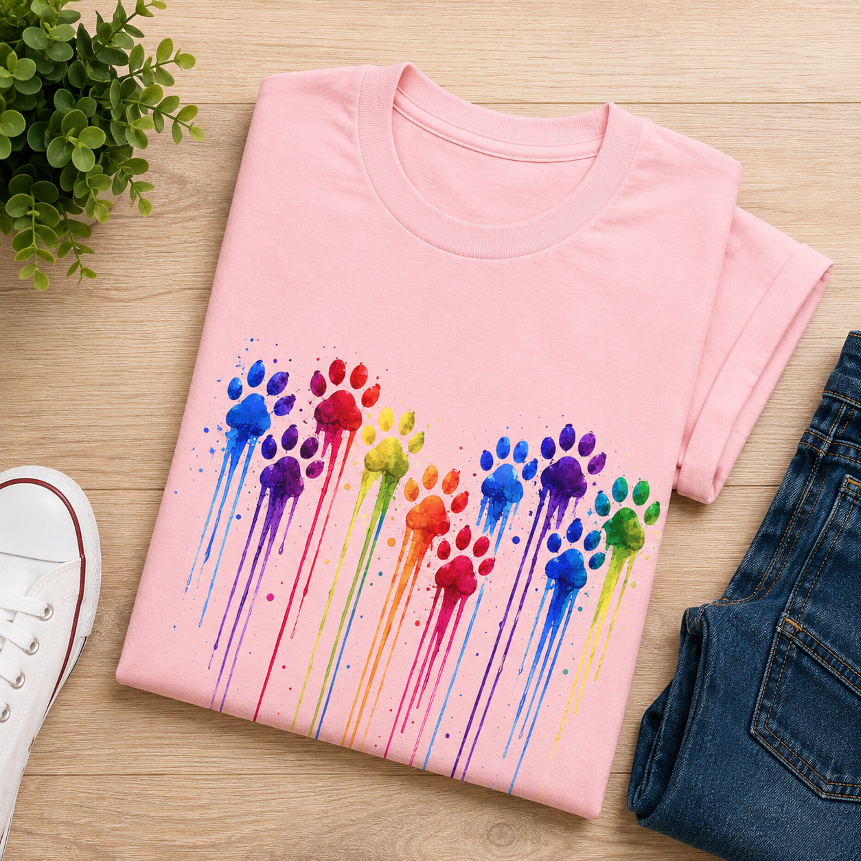 Colorful Heart Rainbow Paw Drip T-Shirt