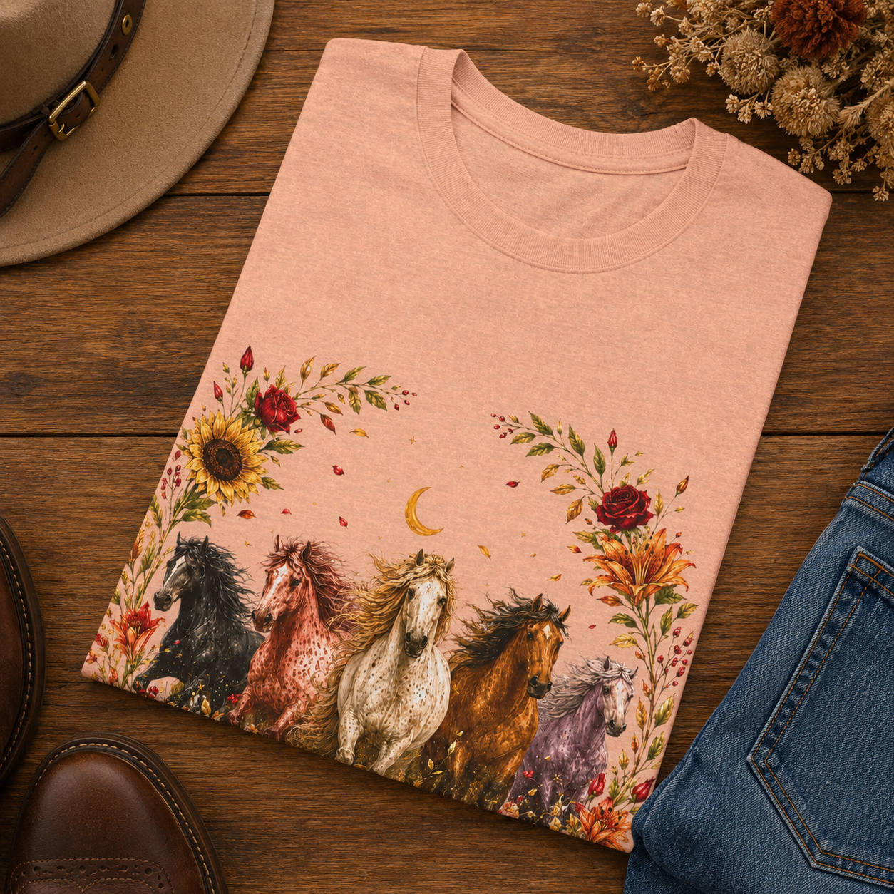 Sunflower Autumn Floral Horses T-Shirt