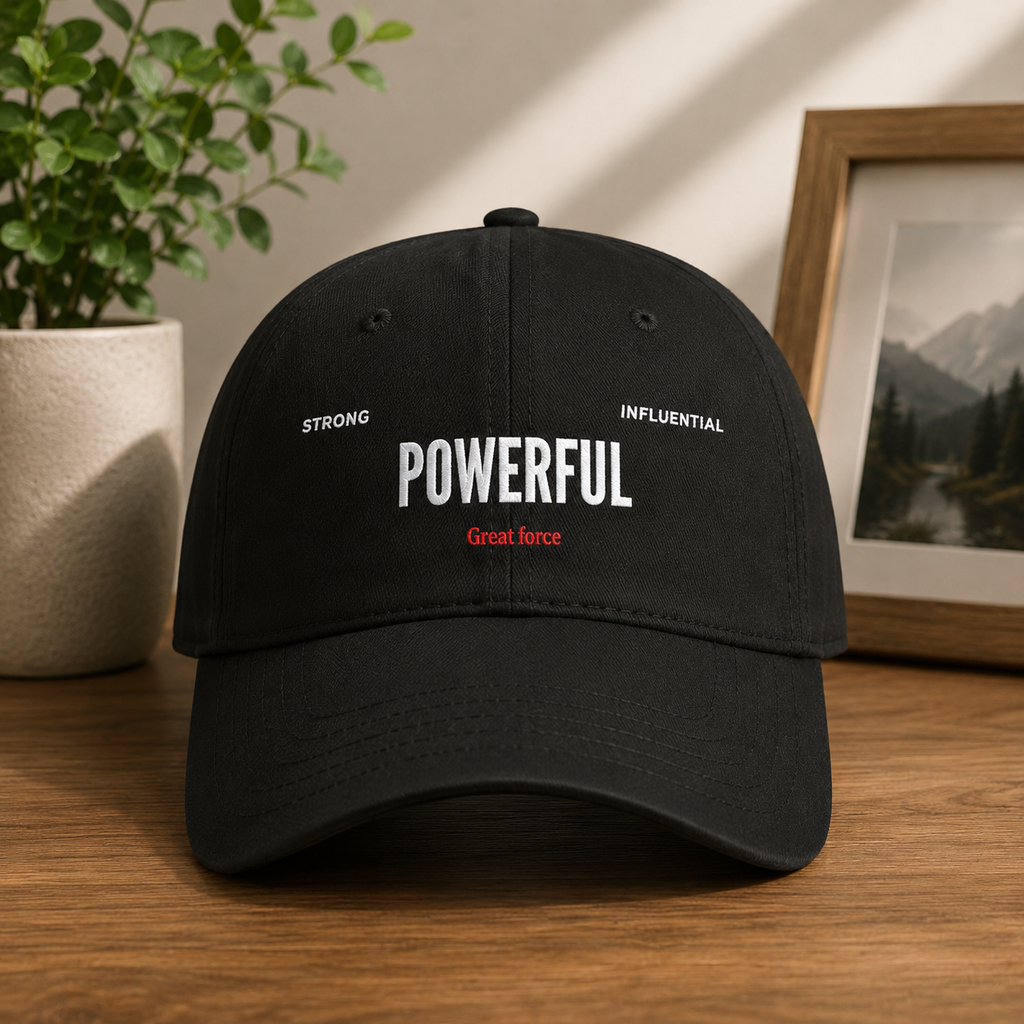Red 'POWERFUL' Embroidered Low Profile Baseball Cap