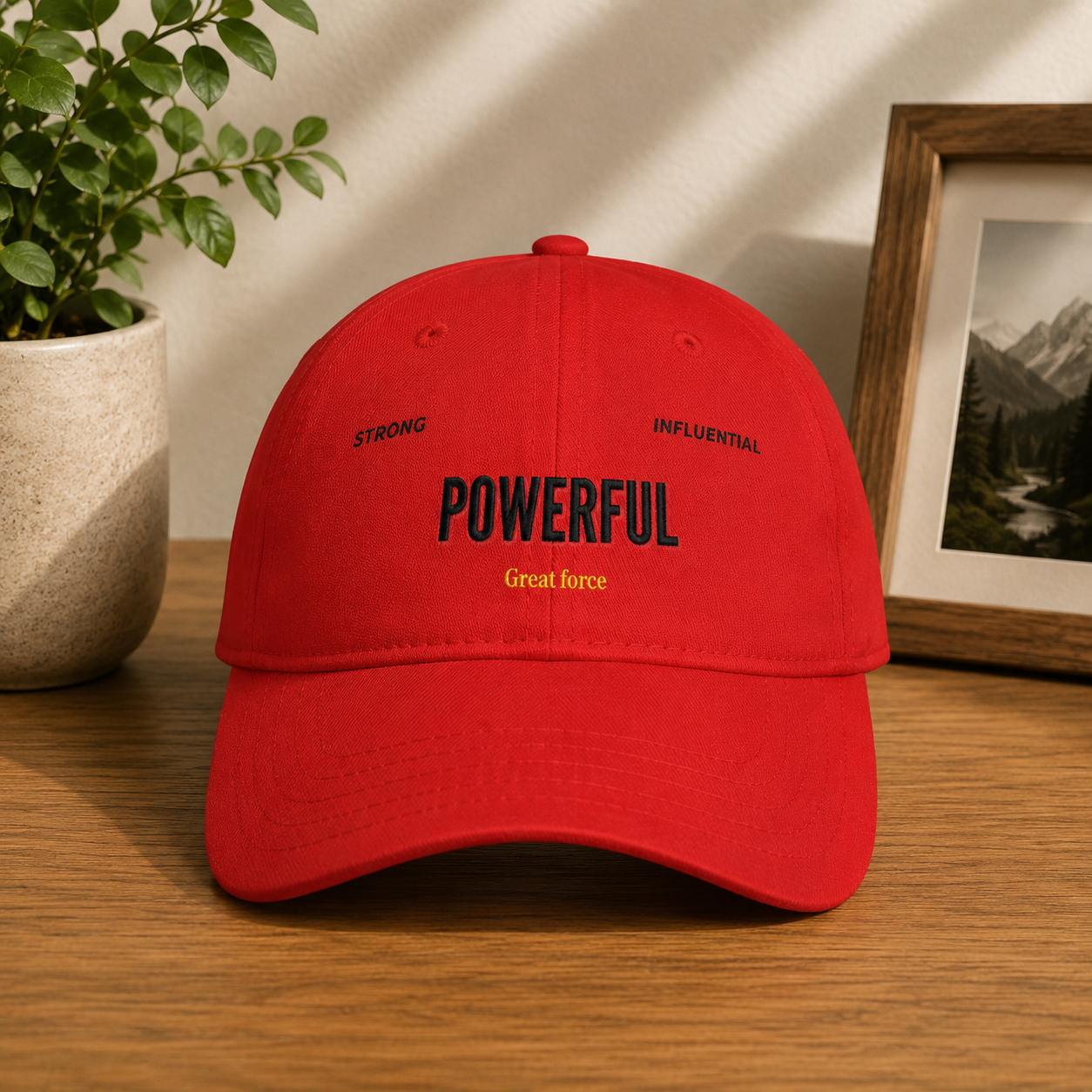 Red 'POWERFUL' Embroidered Low Profile Baseball Cap