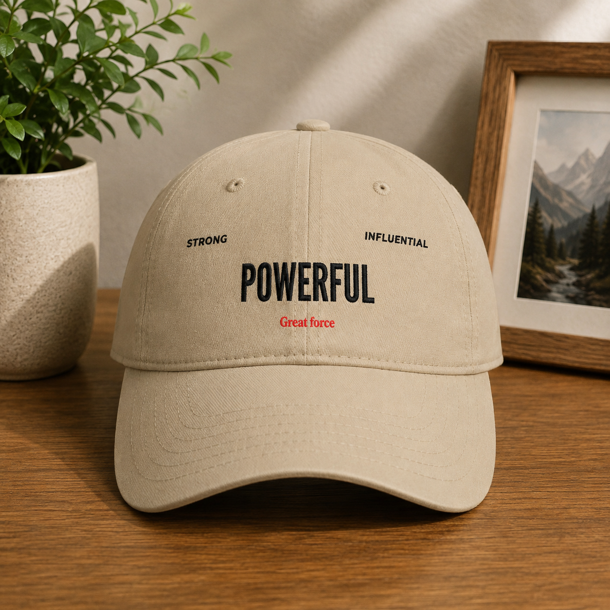 Red 'POWERFUL' Embroidered Low Profile Baseball Cap
