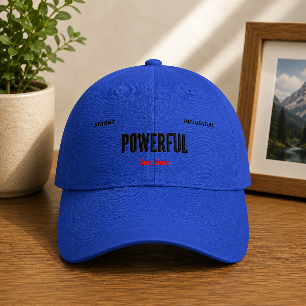 Red 'POWERFUL' Embroidered Low Profile Baseball Cap