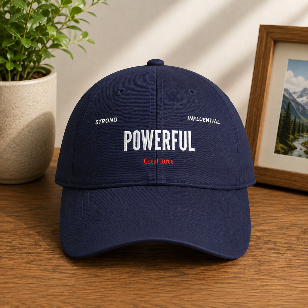 Red 'POWERFUL' Embroidered Low Profile Baseball Cap