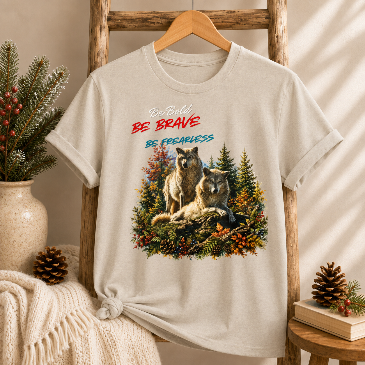 Be Brave Be Fearless Wolf Graphic T‑Shirt