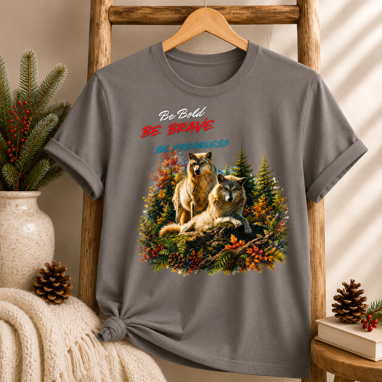 Be Brave Be Fearless Wolf Graphic T‑Shirt