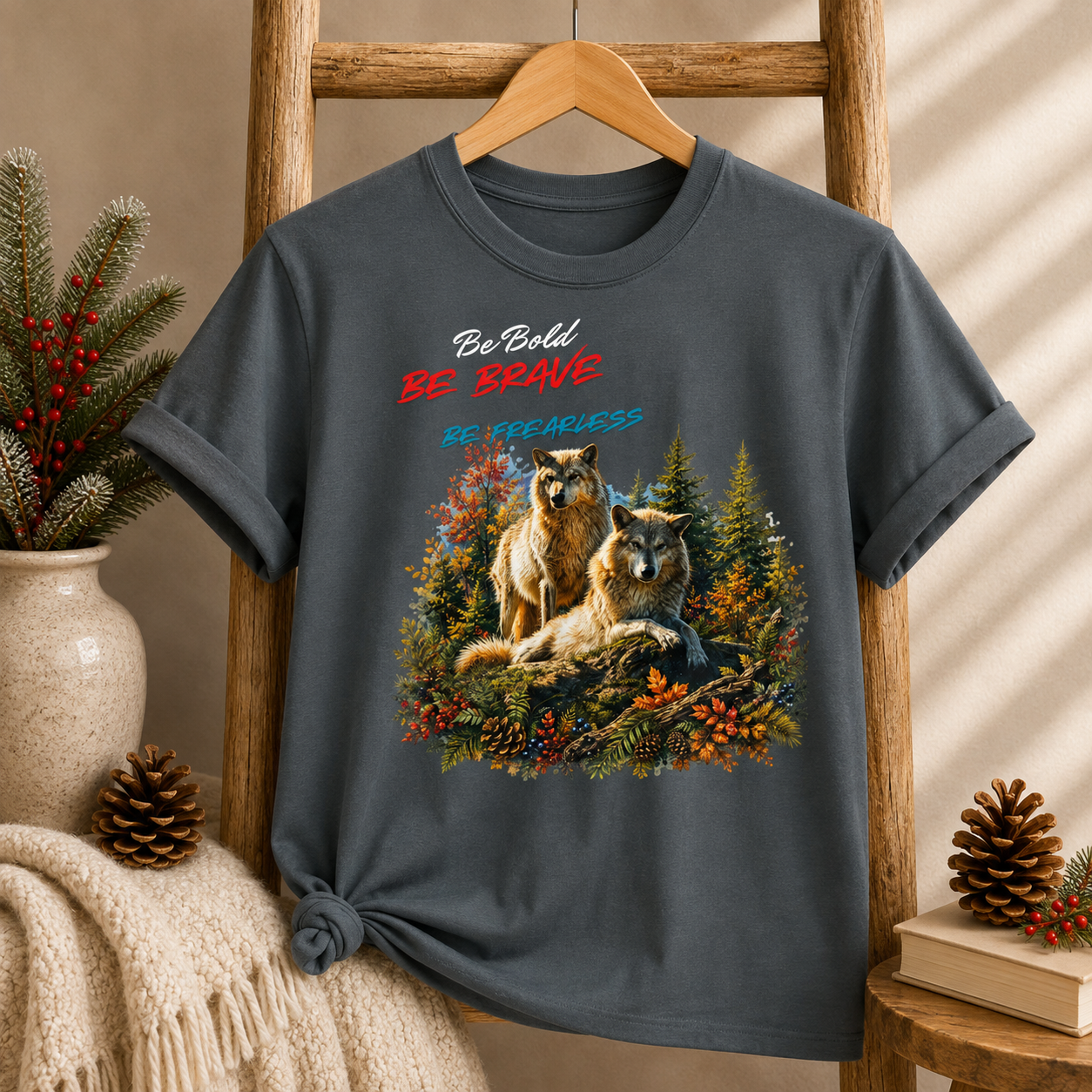Be Brave Be Fearless Wolf Graphic T‑Shirt