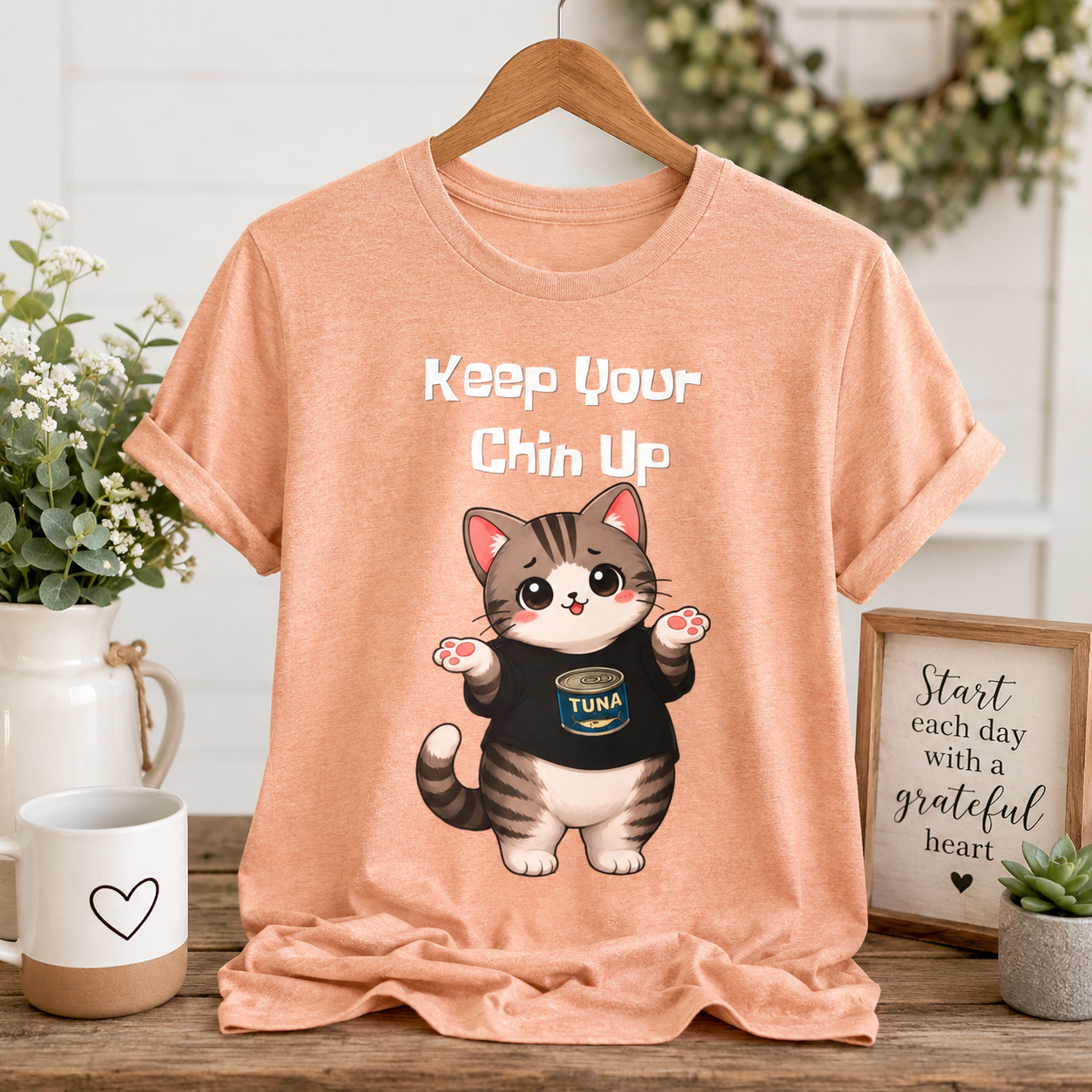 Cat Tee — "Keep Your Chin Up" Cute Motivational T-Shirt