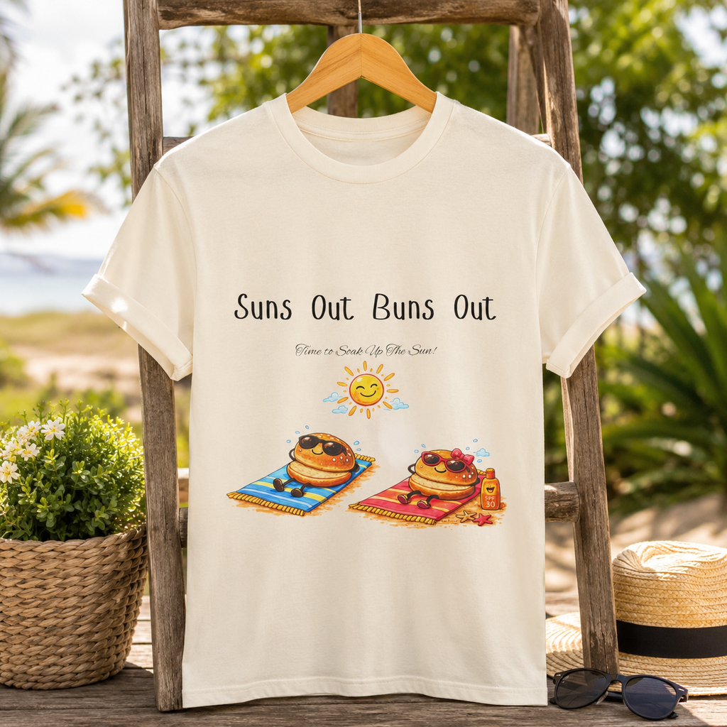 Suns Out Buns Out T-Shirt — Funny Burger Beach Tee
