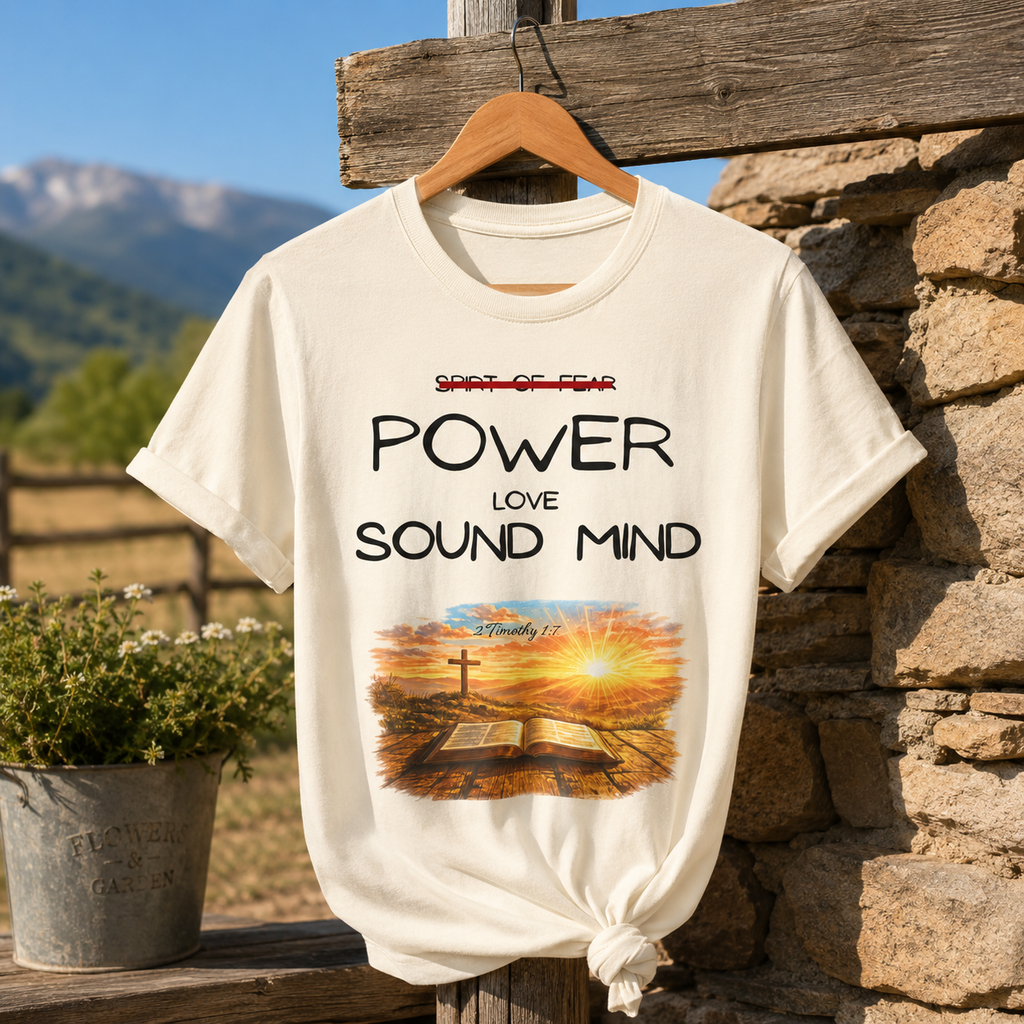 Power, Love, Sound Mind Christian T-Shirt — Bible Cross Sunrise Faith Tee