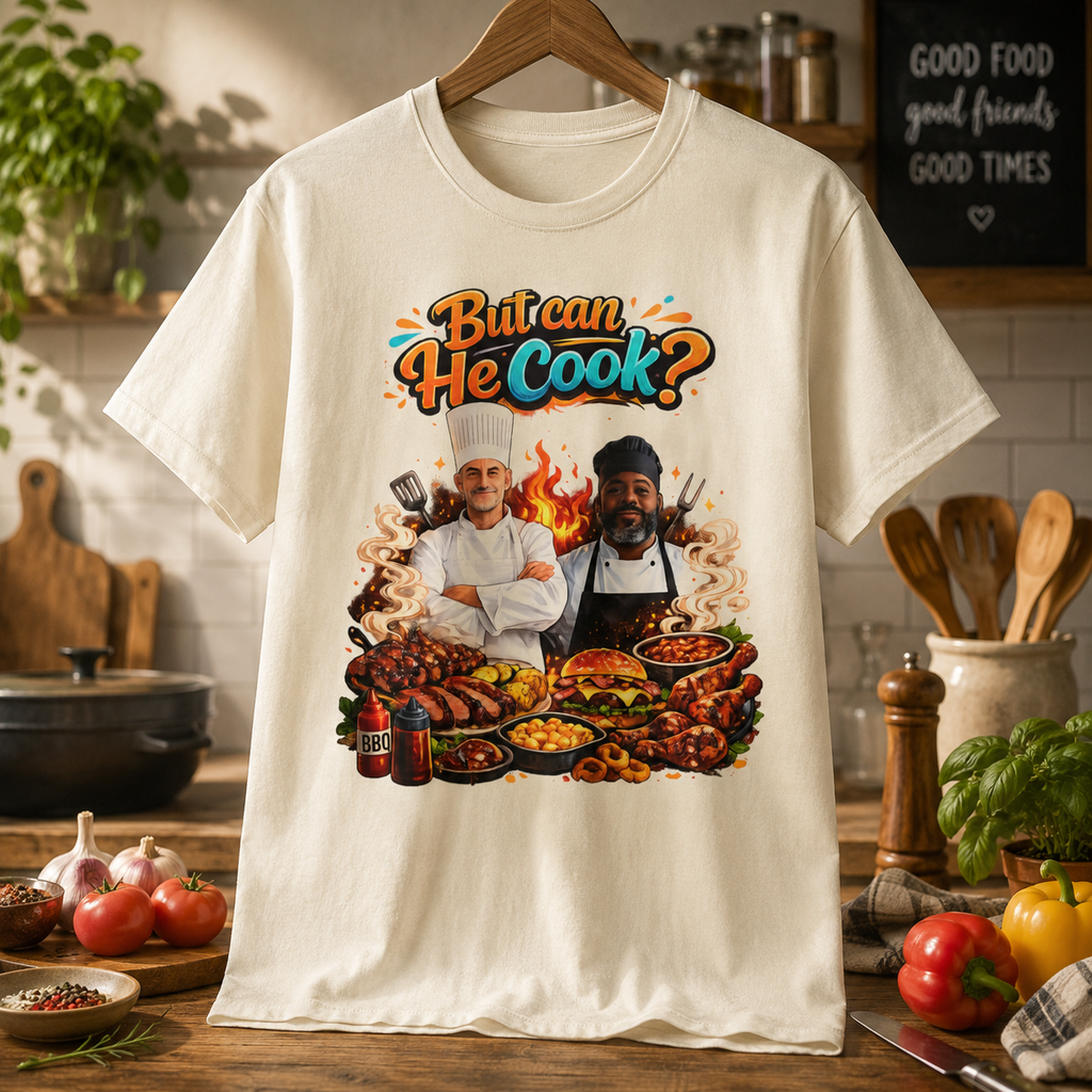 But Can He Cook? T-Shirt — Funny Chef BBQ Cooking Tee