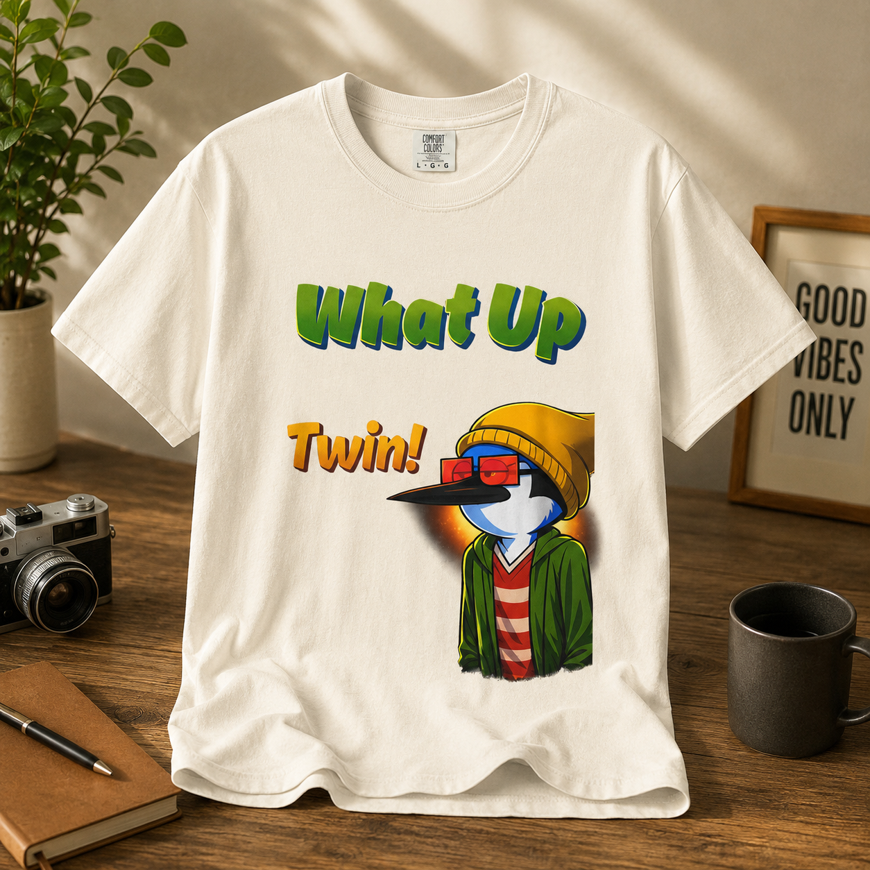 Green What Up Twin! Graphic T-Shirt — Cute Cartoon Character Tee