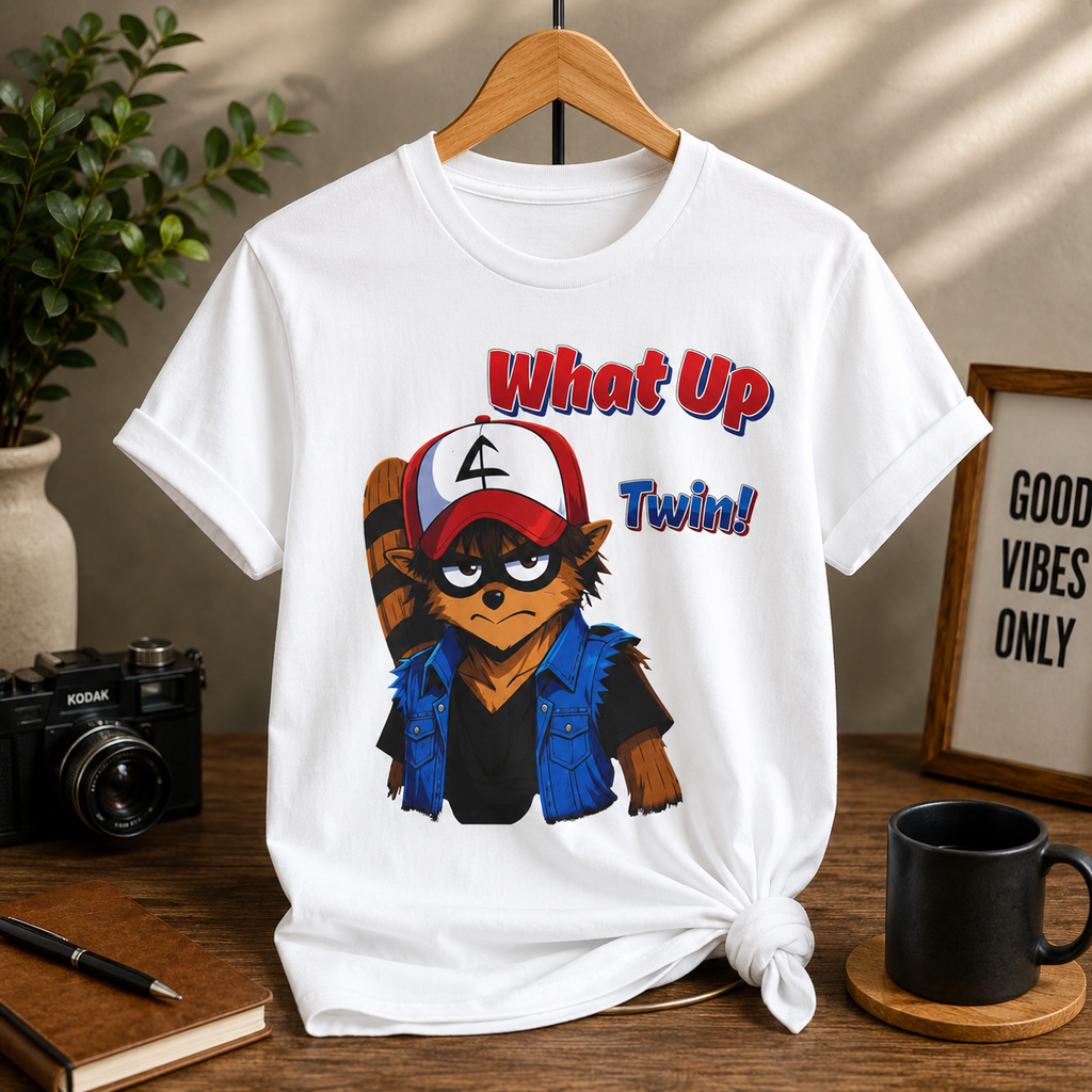 What Up Twin! Graphic T-Shirt — Cute Raccoon Character Tee