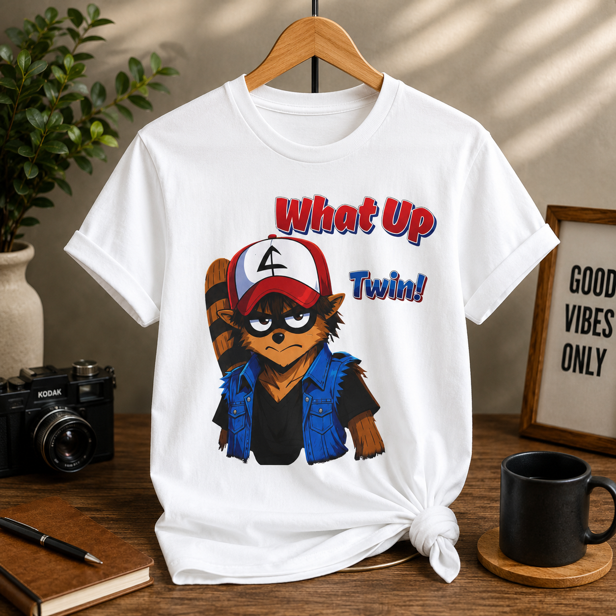 What Up Twin! Graphic T-Shirt — Cute Raccoon Character Tee