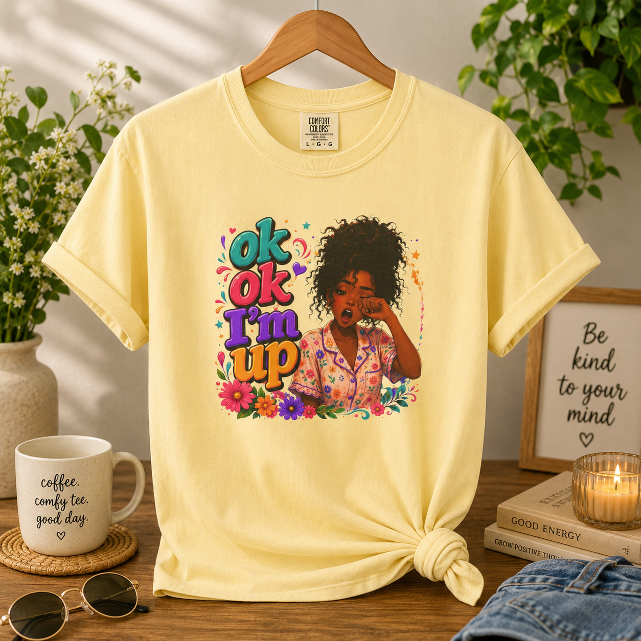 Women's 'Ok Ok I'm Up' Boxy Tee - Retro Floral Graphic Cropped T-Shirt