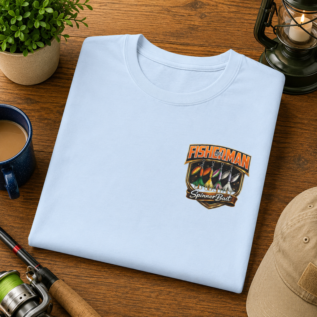 Spinner Bait Fisherman Sunset Badge T-Shirt