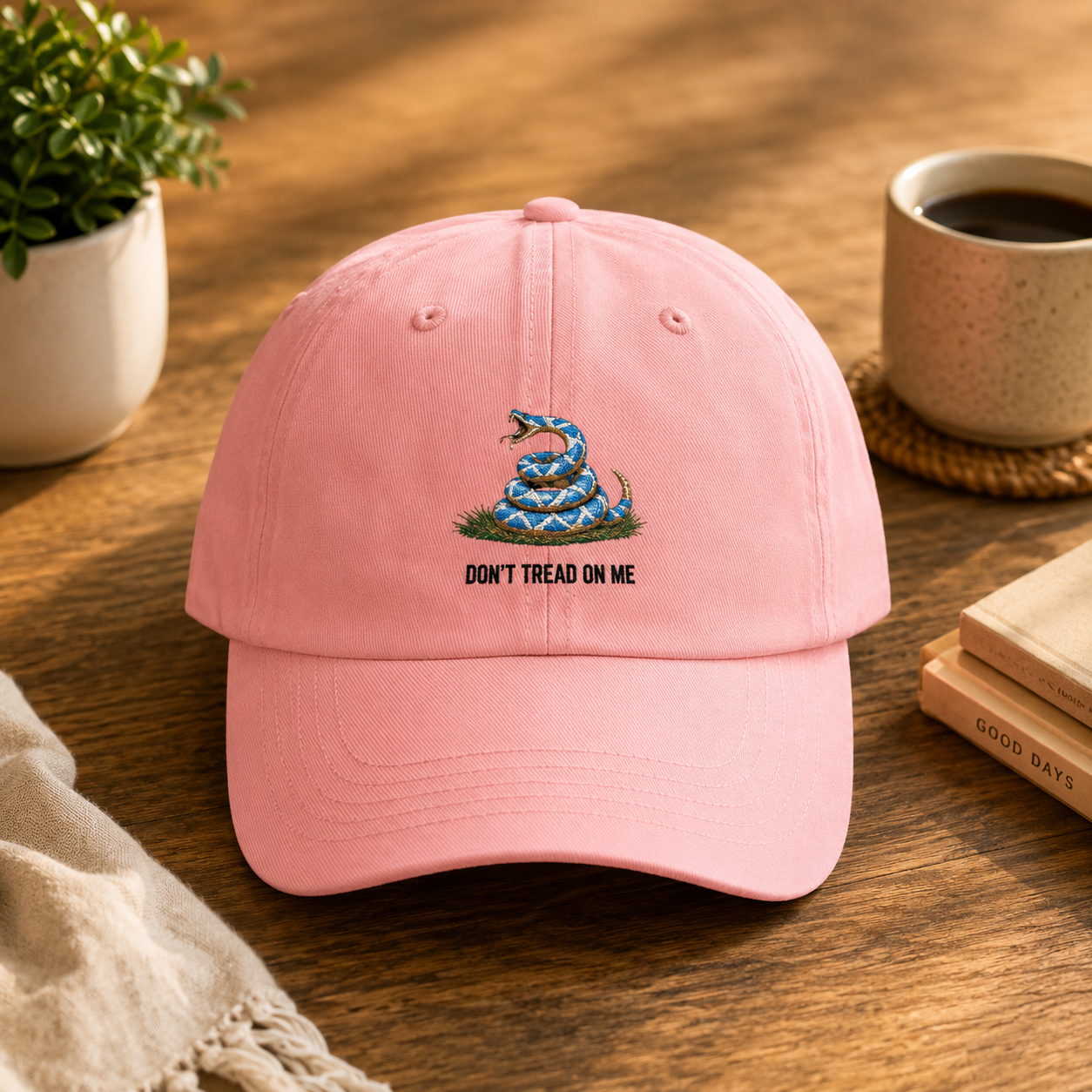 Sky Blue and White 'Don't Tread On Me' Coiled Snake Embroidered Baseball Hat