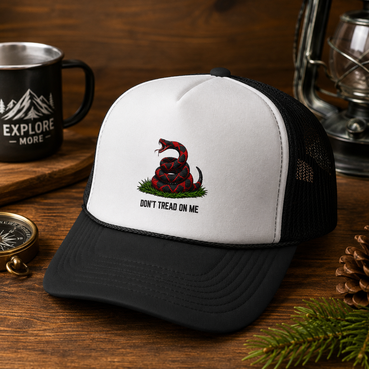 Don’t Tread On Me Trucker Cap — Vintage Coiled Snake Patriotic Mesh Hat