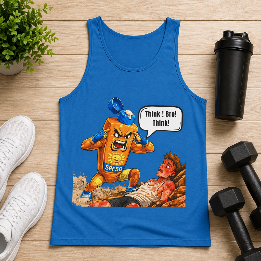 Sunscreen Mascot Tank Top — "Think! Bro! Think!" Vintage Safety Graphic