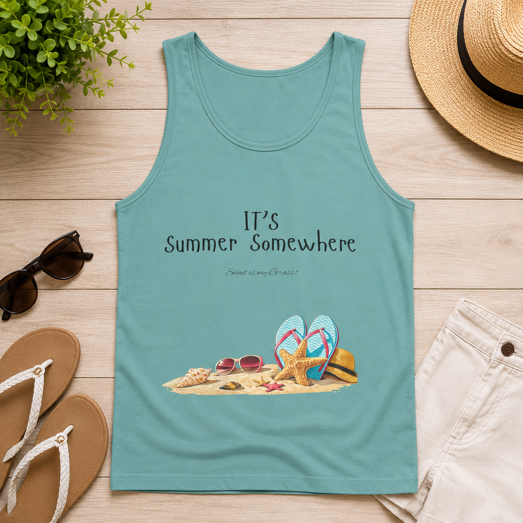 Beach Vibes Tank Top — "It’s Summer Somewhere" Flip-Flop & Sand Graphic