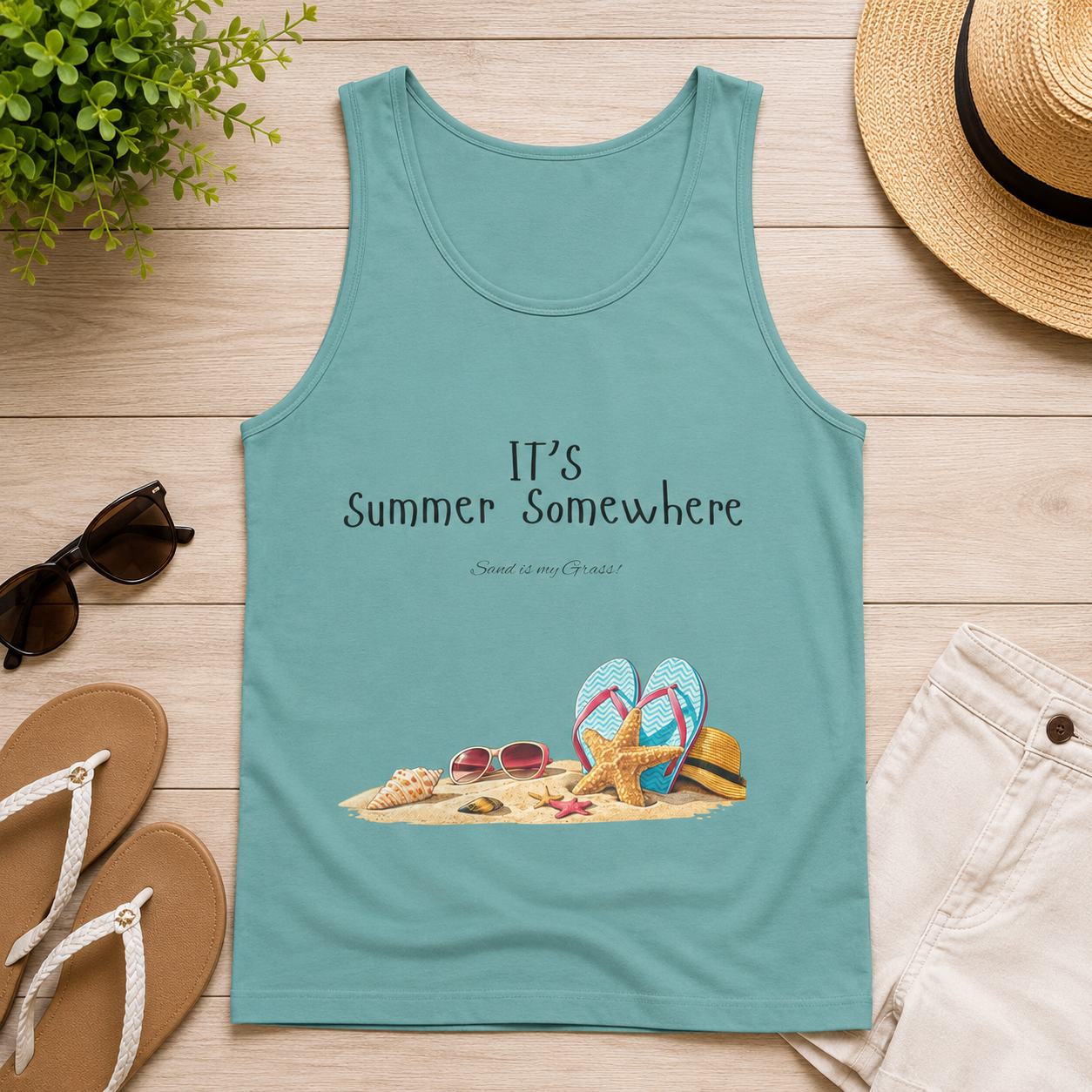 Beach Vibes Tank Top — "It’s Summer Somewhere" Flip-Flop & Sand Graphic
