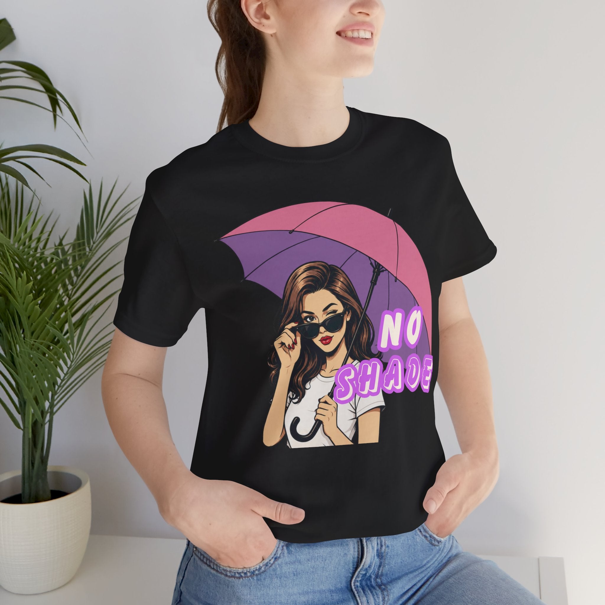 No Shade Graphic Tee — Sassy Woman with Pink Umbrella