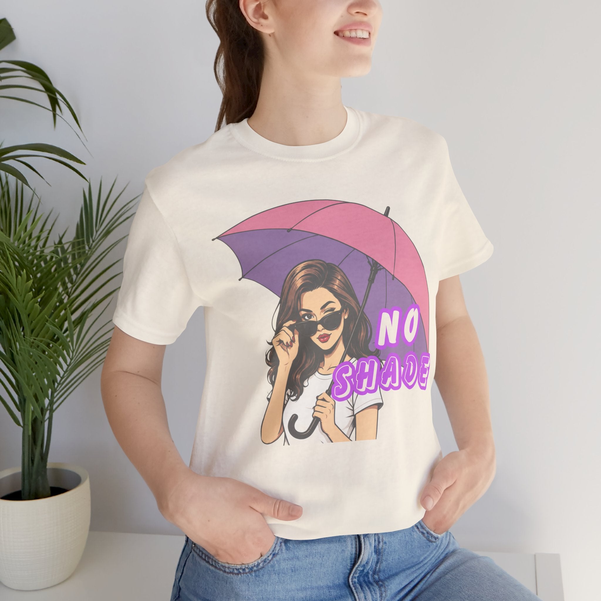 No Shade Graphic Tee — Sassy Woman with Pink Umbrella