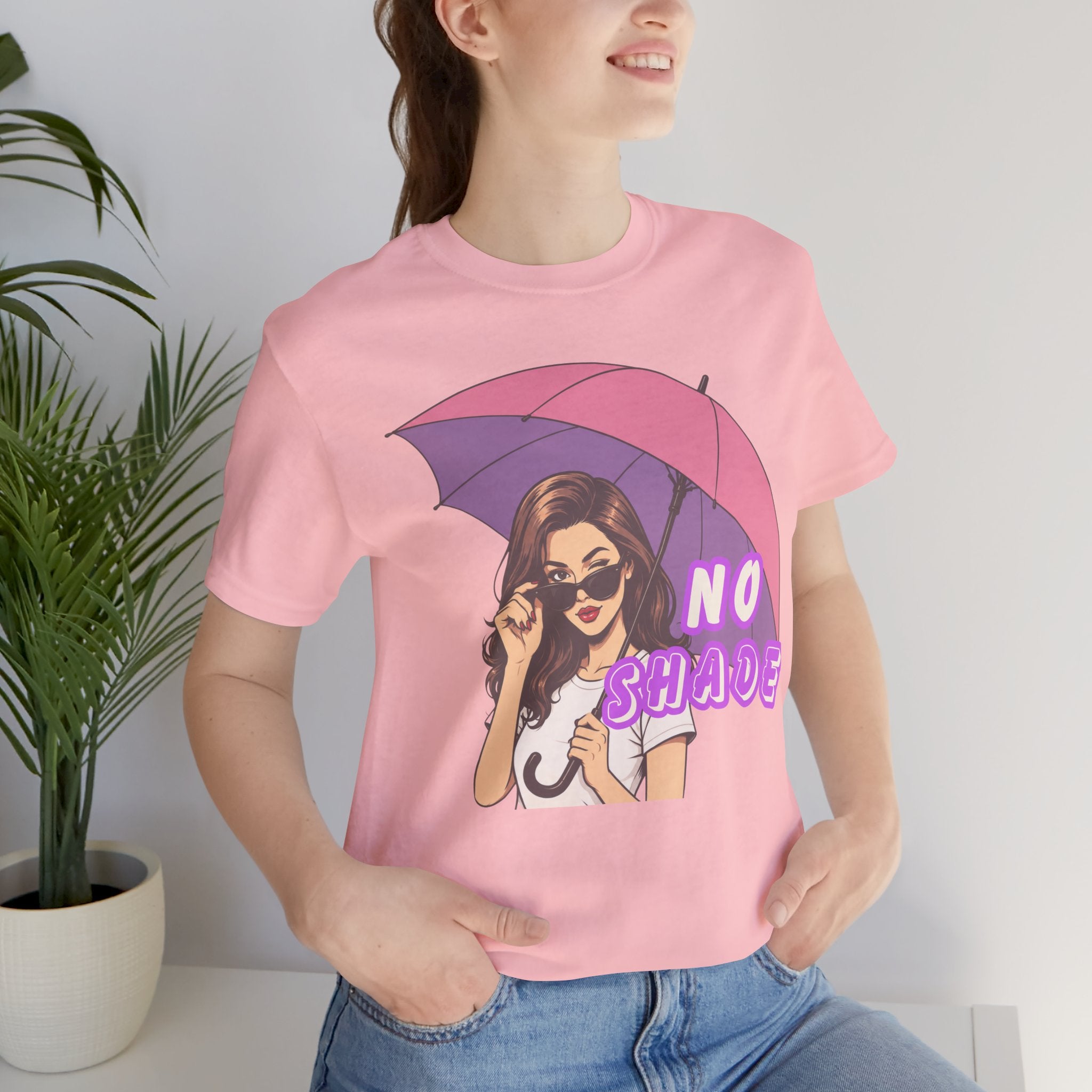 No Shade Graphic Tee — Sassy Woman with Pink Umbrella