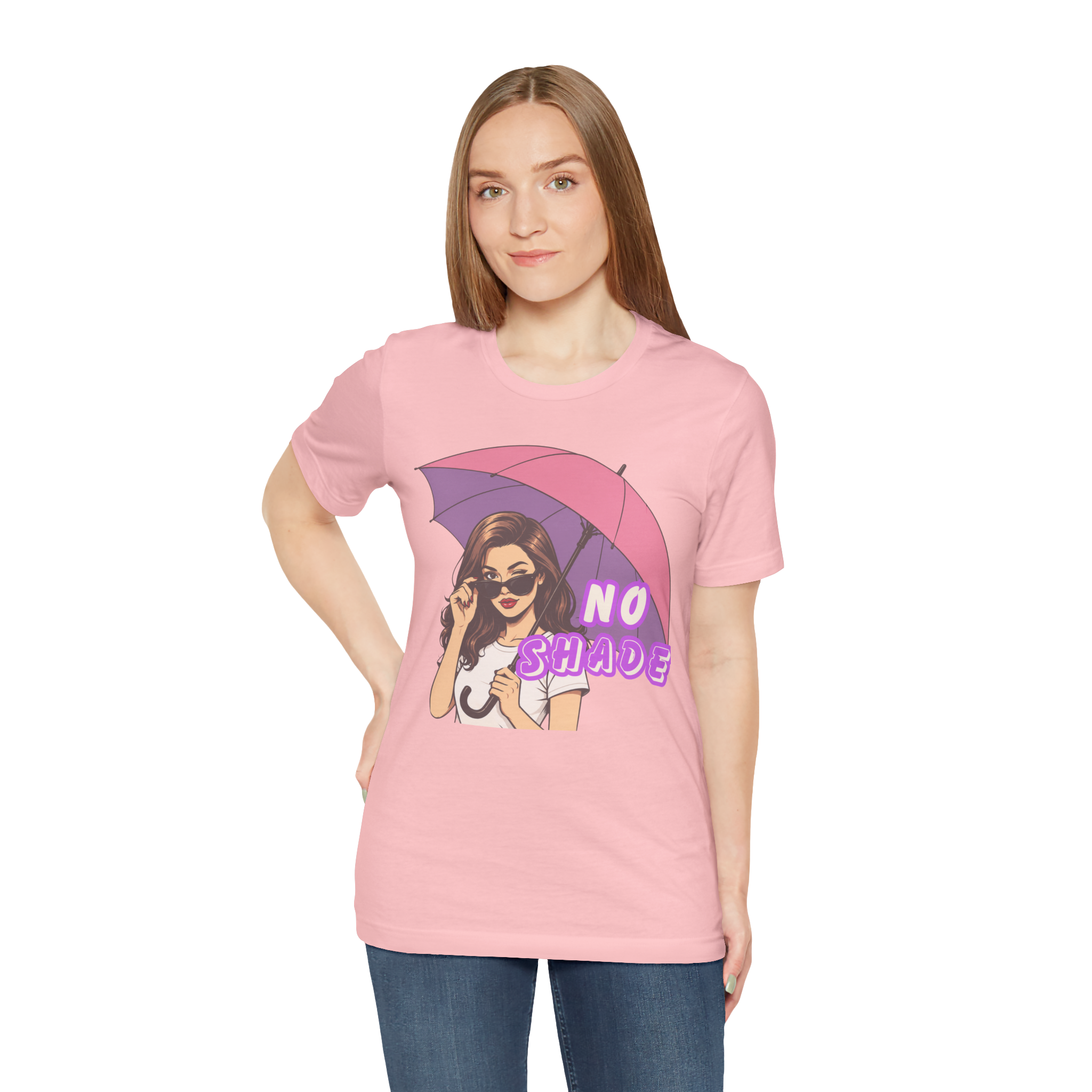 No Shade Graphic Tee — Sassy Woman with Pink Umbrella